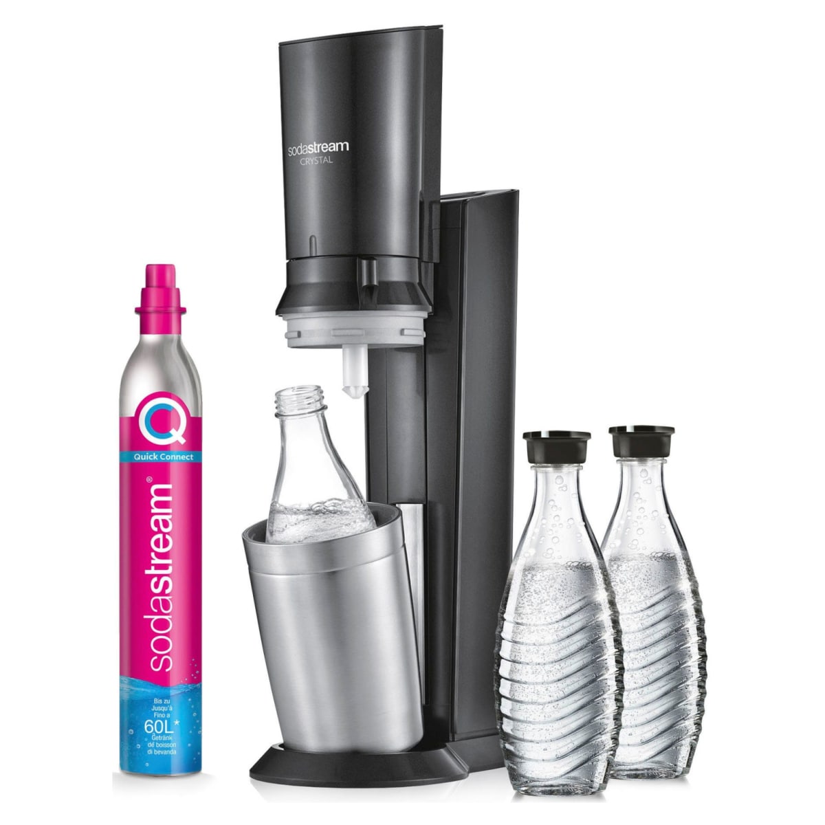 SodaStream Crystal 3.0 Titan Wassersprudler mit CQC CO2-Zylinder und 3x Glaskaraffe 