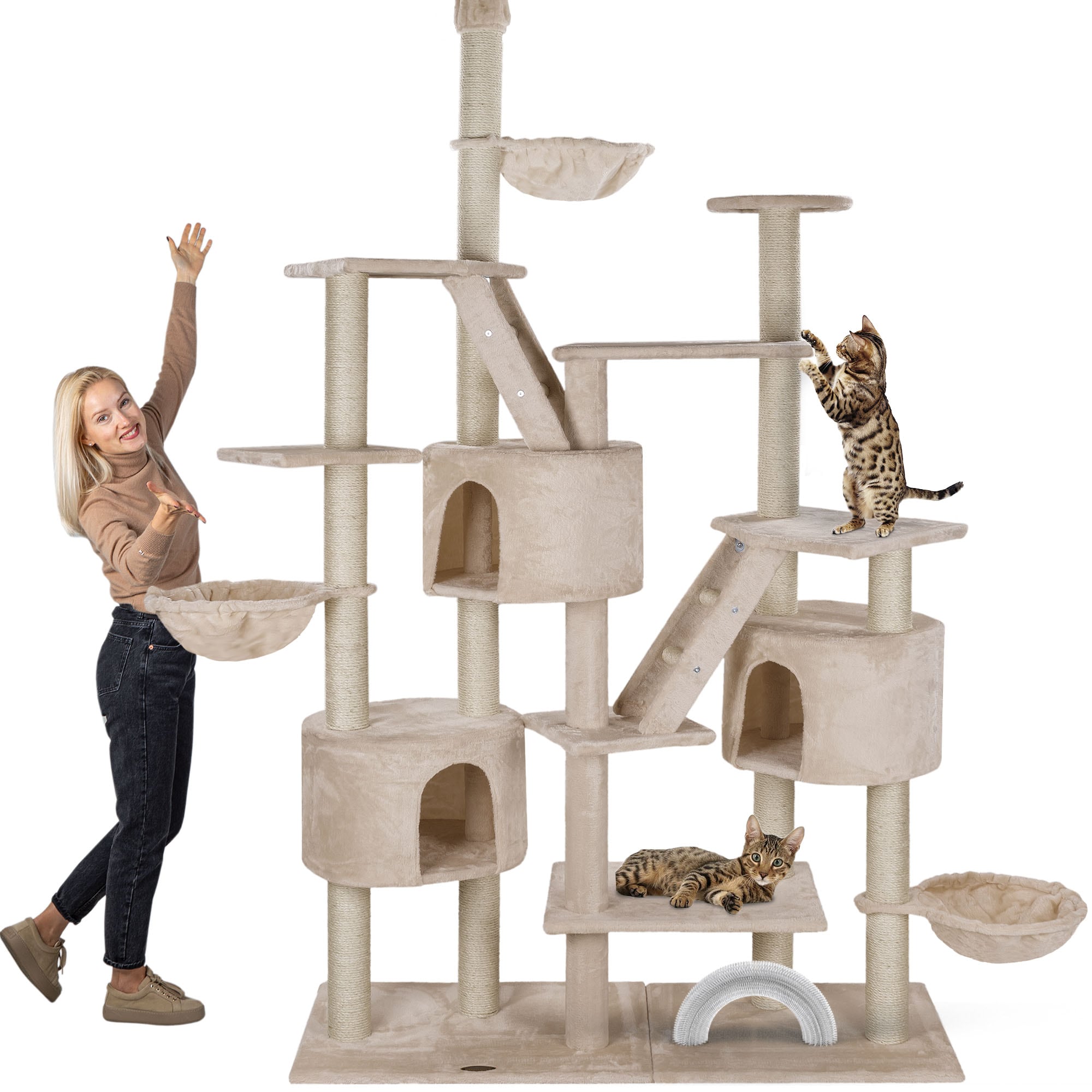 HAPPYPET XXL Kratzbaum Simba deckenhoch 260 cm - Kletterbaum Paradies, Extra Breit, H&ouml;hlen, Liegemulden, Gro&szlig;er Katzenbaum Stabil f&uuml;r Katzen, 9 cm S&auml;ulen, viel Zubeh&ouml;r | Beige 