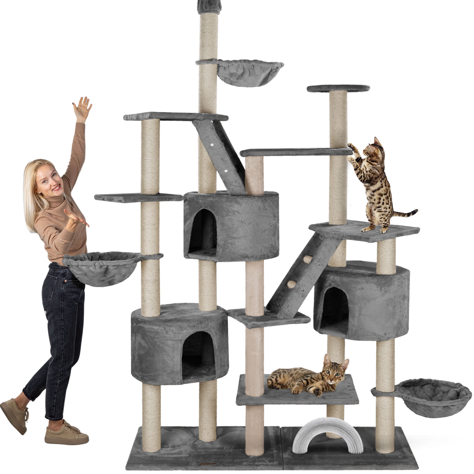 HAPPYPET XXL Kratzbaum Simba deckenhoch 260 cm - Kletterbaum Paradies, Extra Breit, H&ouml;hlen, Liegemulden, Gro&szlig;er Katzenbaum Stabil f&uuml;r Katzen, 9 cm S&auml;ulen, viel Zubeh&ouml;r | Grau 