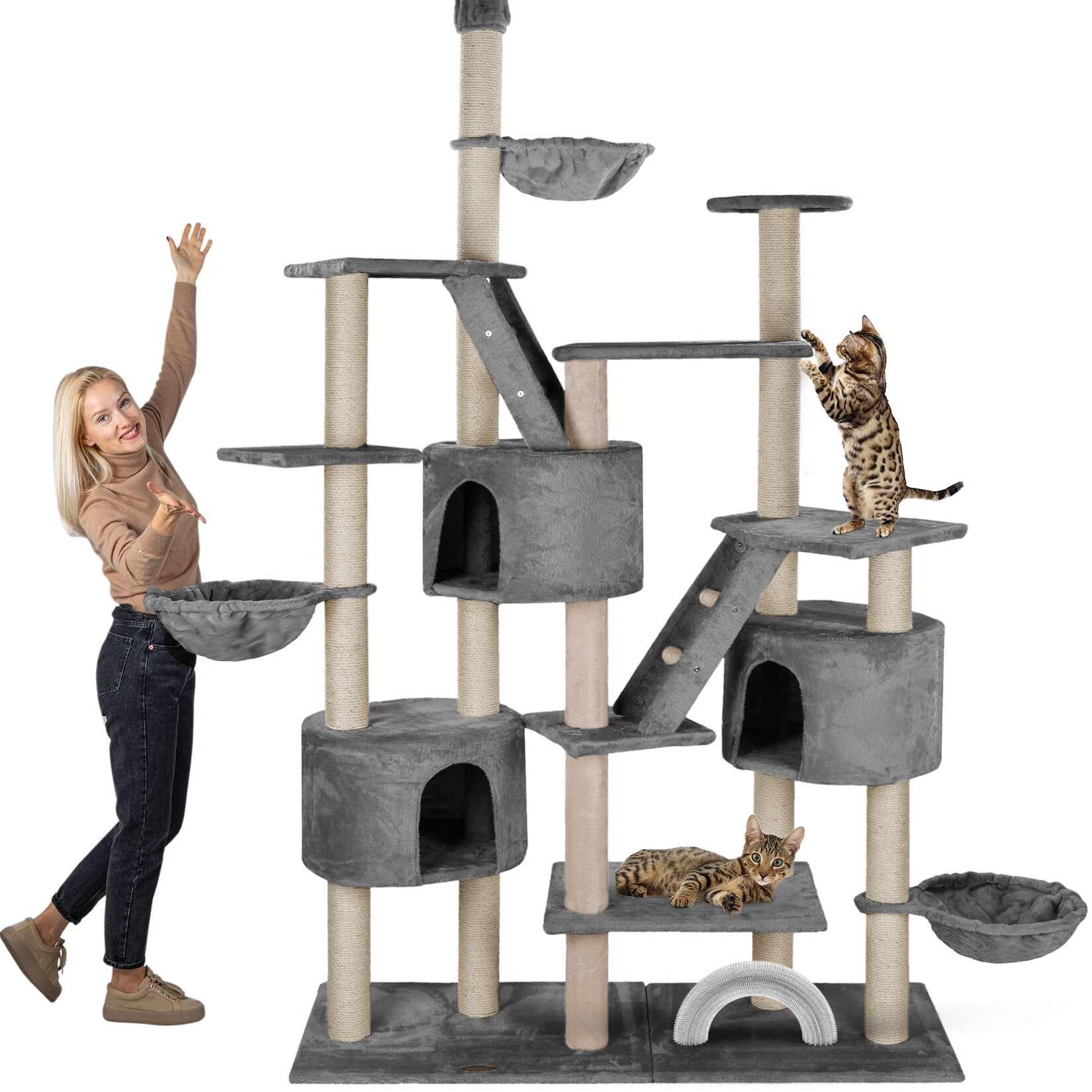 HAPPYPET XXL Kratzbaum Simba deckenhoch 260 cm - Kletterbaum Paradies, Extra Breit, Höhlen, Liegemulden, Großer Katzenbaum Stabil für Katzen, 9 cm Säulen, viel Zubehör   Grau
