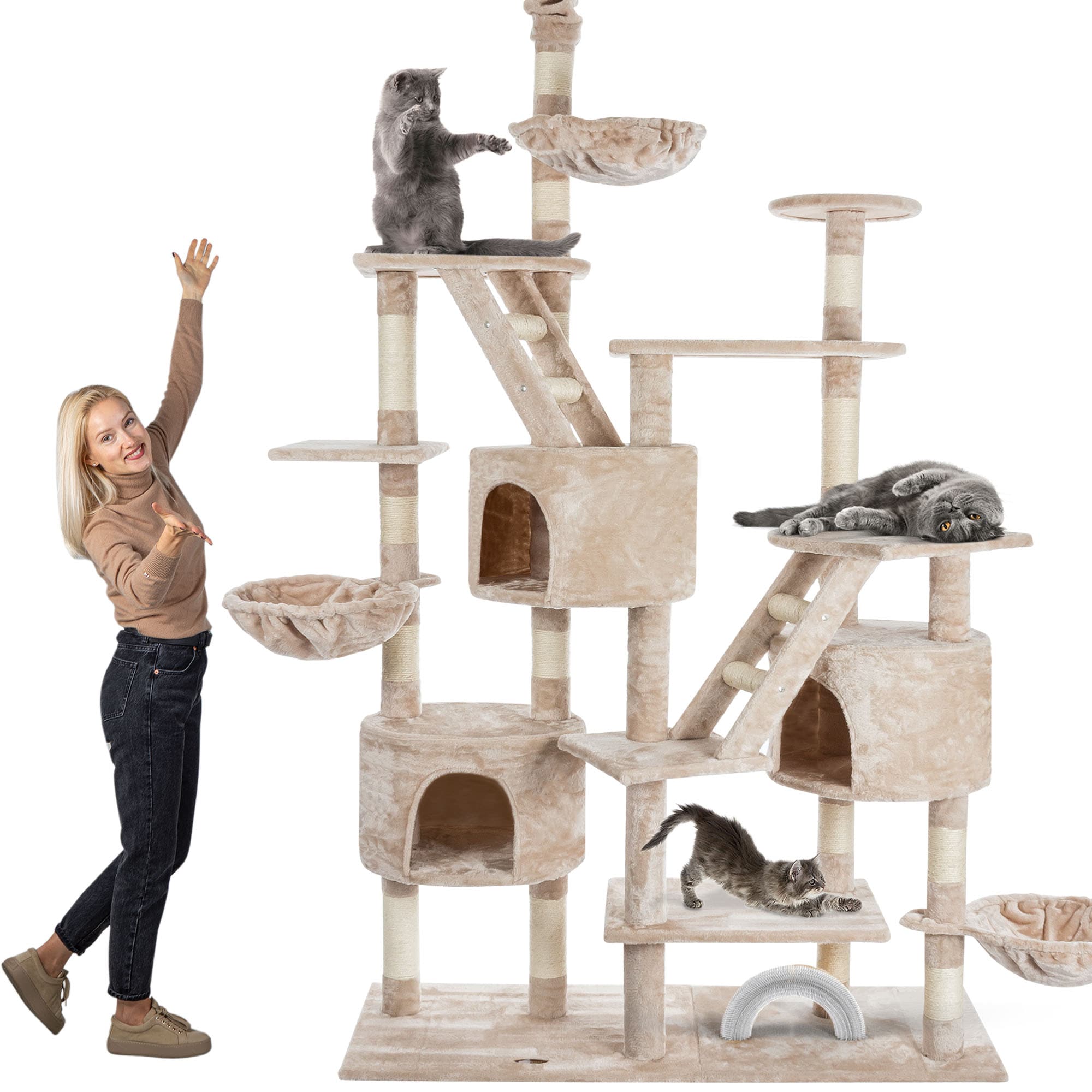 HAPPYPET Kratzbaum deckenhoch 260 cm hoch, Kletterbaum SAM &ndash; Gro&szlig;er XXL Katzenbaum Stabil f&uuml;r mehrere Katzen, stabile 8 cm S&auml;ulen, Liegemulden, H&auml;user, mit Zubeh&ouml;r | Beige 260 cm 