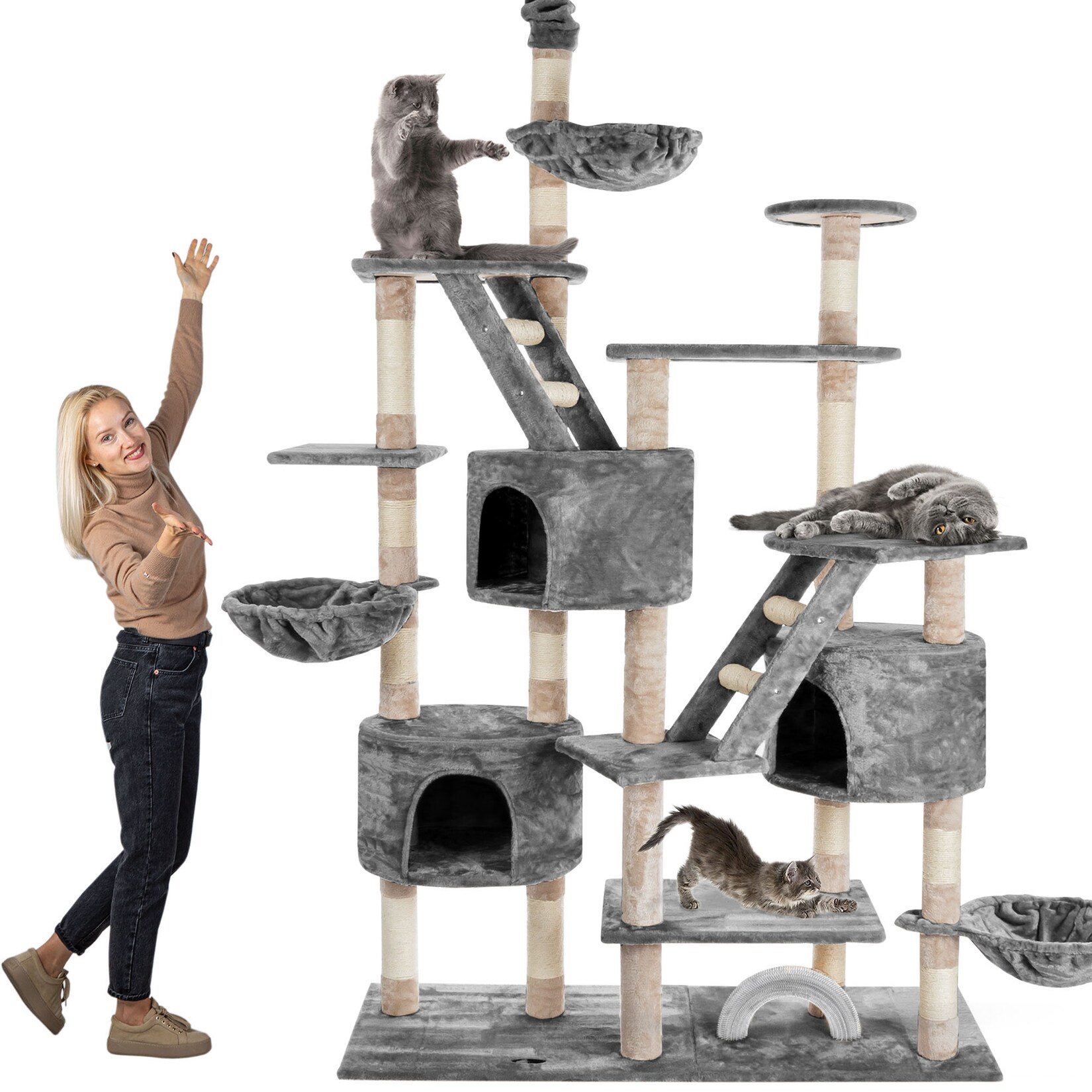 HAPPYPET Kratzbaum deckenhoch 260 cm hoch, Kletterbaum SAM – Großer XXL Katzenbaum Stabil für mehrere Katzen, stabile 8 cm Säulen, Liegemulden, Häuser, mit Zubehör   Grau 260 cm