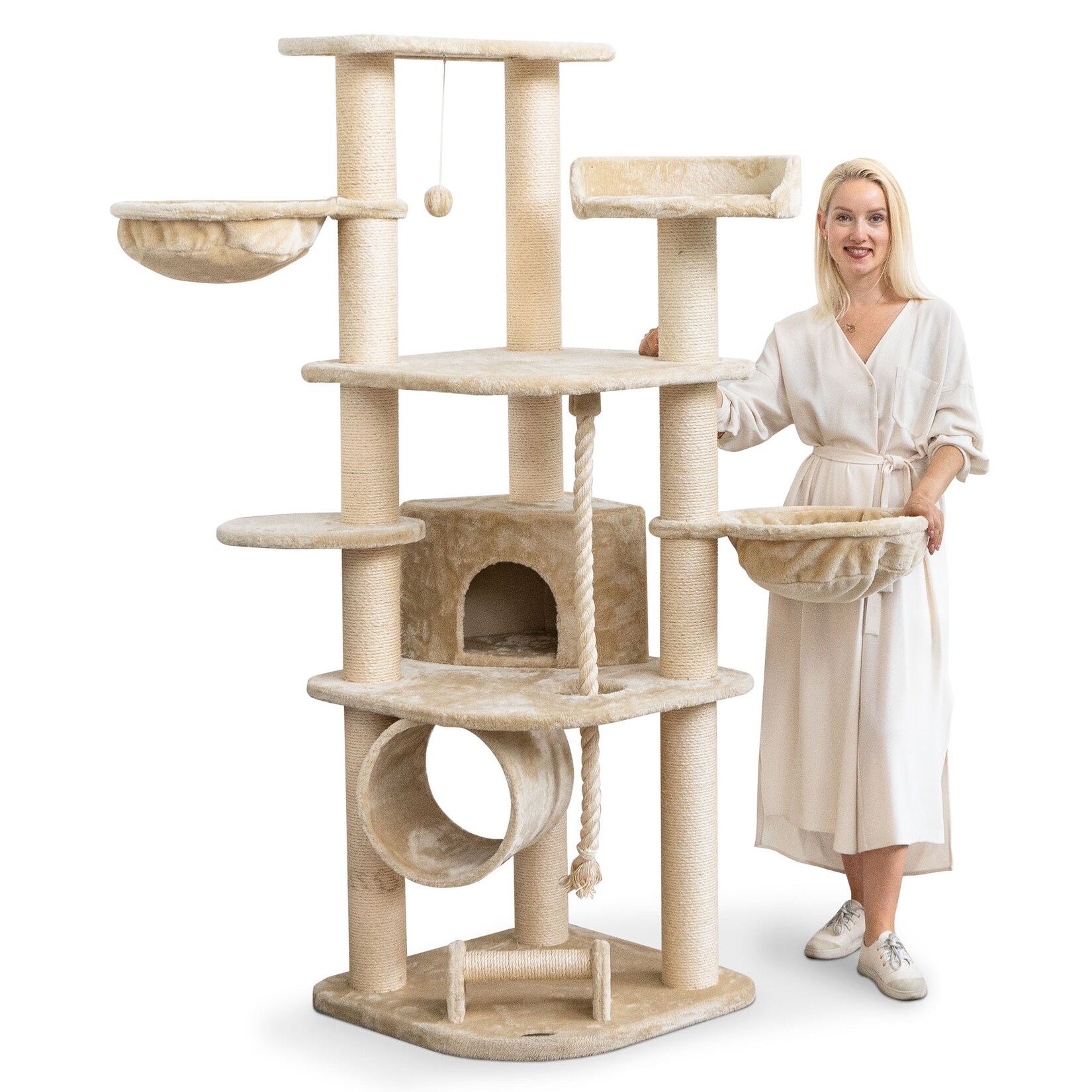 HAPPYPET Kratzbaum für Katzen groß 181 cm hoch - Stabiler Kletterbaum Katzenbaum, dicke Stämme mit 11 cm, Haus & Spieltunnel, große Liegemulden, Spietau mit Kratzrolle   Beige