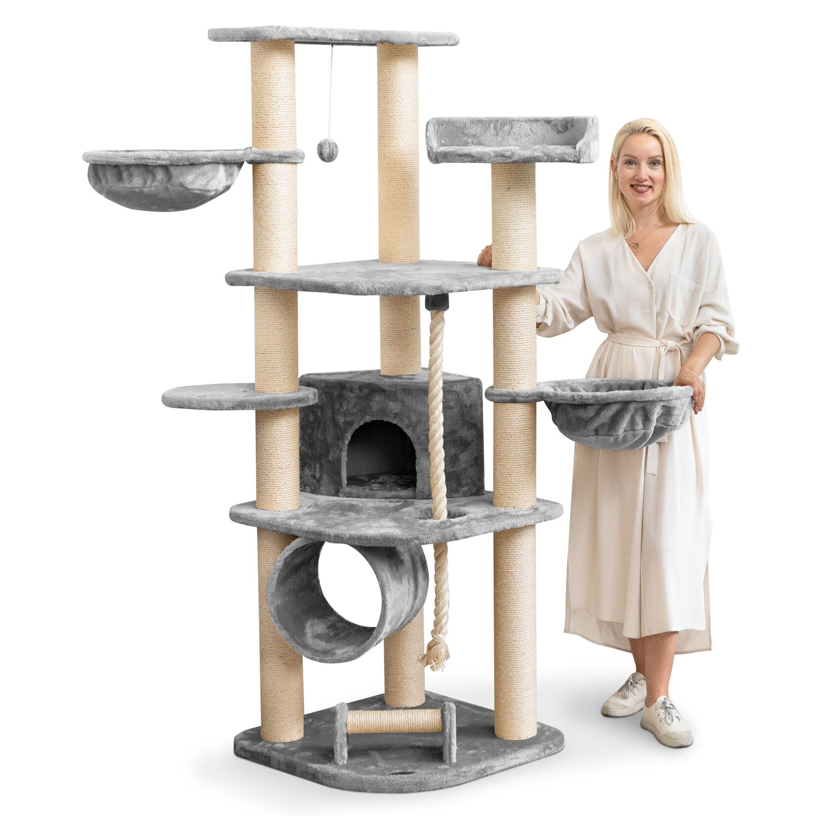 HAPPYPET Kratzbaum für Katzen groß 181 cm hoch - Stabiler Kletterbaum Katzenbaum, dicke Stämme mit 11 cm, Haus & Spieltunnel, große Liegemulden, Spietau mit Kratzrolle   Grau