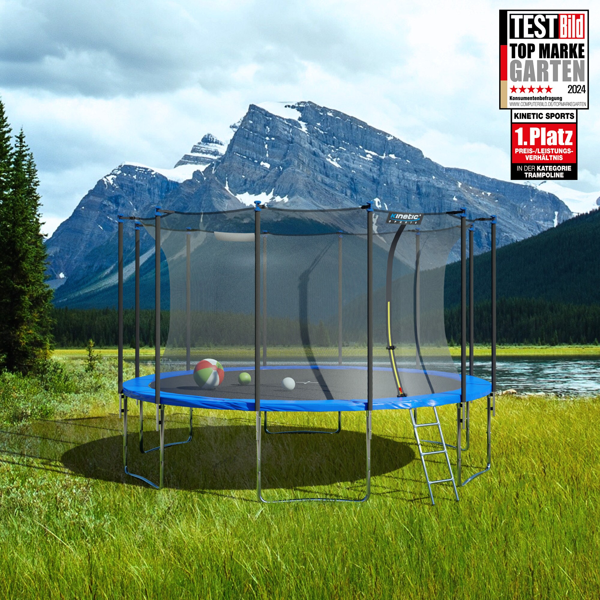 KINETIC SPORTS Trampolin Outdoor SALTO &Oslash; 183/244/305/366/400/430/490 cm - Kindertrampolin Set mit Leiter, Netz, Randpolster, USA Sprungtuch - Gartentrampolin, bis zu 160kg | Blau &Oslash; 400 cm &Oslash; 400 cm, Blau 