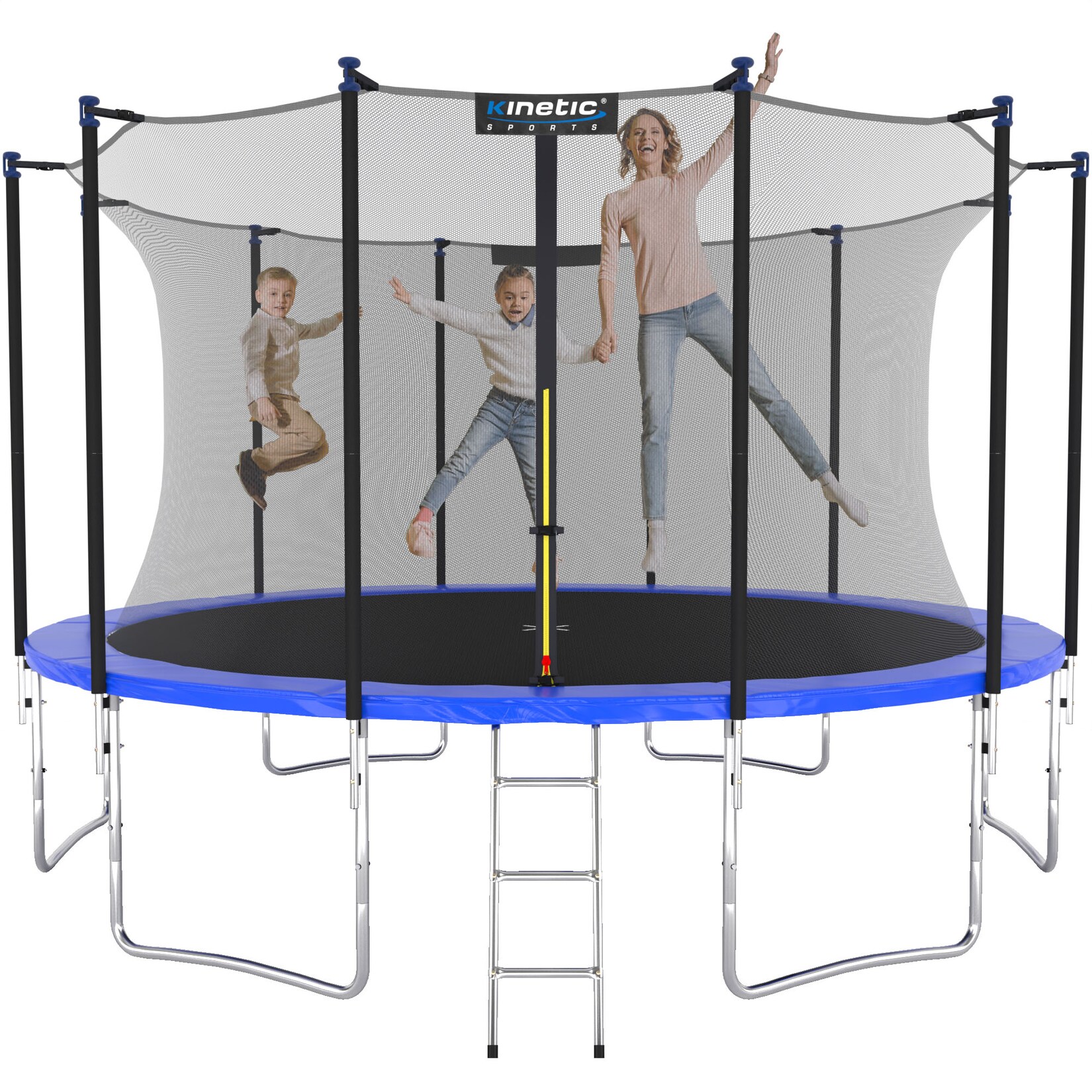 KINETIC SPORTS Trampolin Outdoor SALTO Ø 183/244/305/366/400/430/490 cm - Kindertrampolin Set mit Leiter, Netz, Randpolster, USA Sprungtuch - Gartentrampolin, bis zu    Blau Ø 430 cm Ø 430 cm, Blau