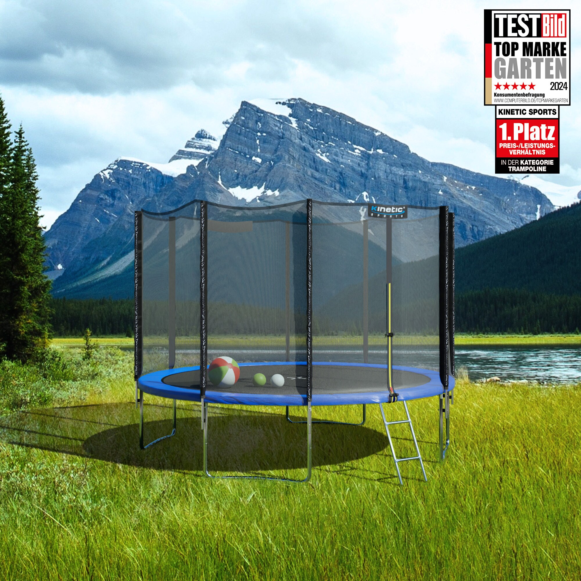 KINETIC SPORTS Trampolin Outdoor 'Salto Plus'  183/244/305/366/400/430/490  cm - Komplett-Set fr Kinder, USA Sprungtuch, Netz, Randpolster, Leiter -  bis zu 160kg | Blau-2  183 cm  183 cm, Blau-2 bei