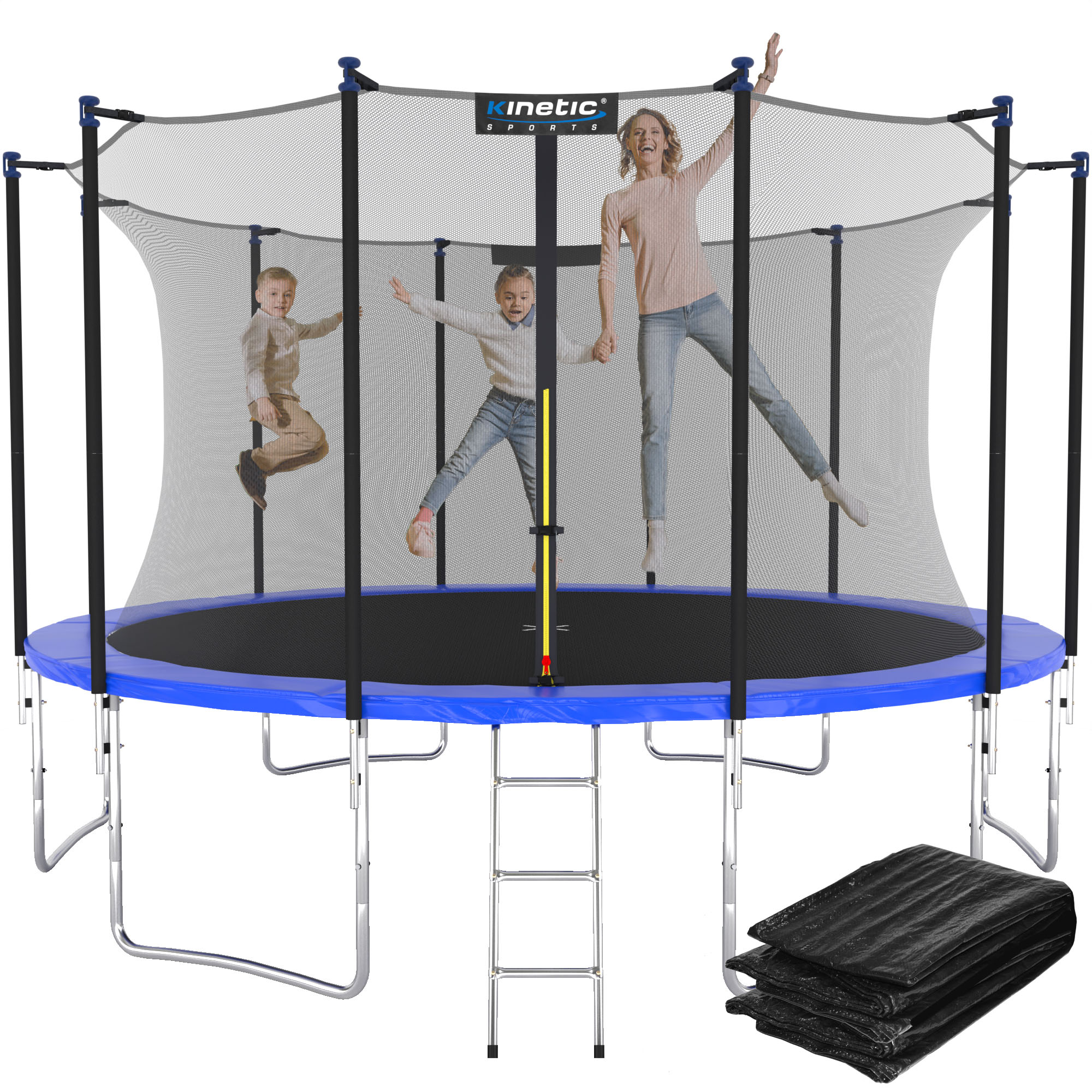 KINETIC SPORTS Trampolin Outdoor 'Salto Plus' &Oslash; 183/244/305/366/400/430/490 cm - Komplett-Set f&uuml;r Kinder, USA Sprungtuch, Netz, Randpolster, Leiter - bis zu 160kg | Blau-2 &Oslash; 366 cm &Oslash; 366 cm, Blau-2 