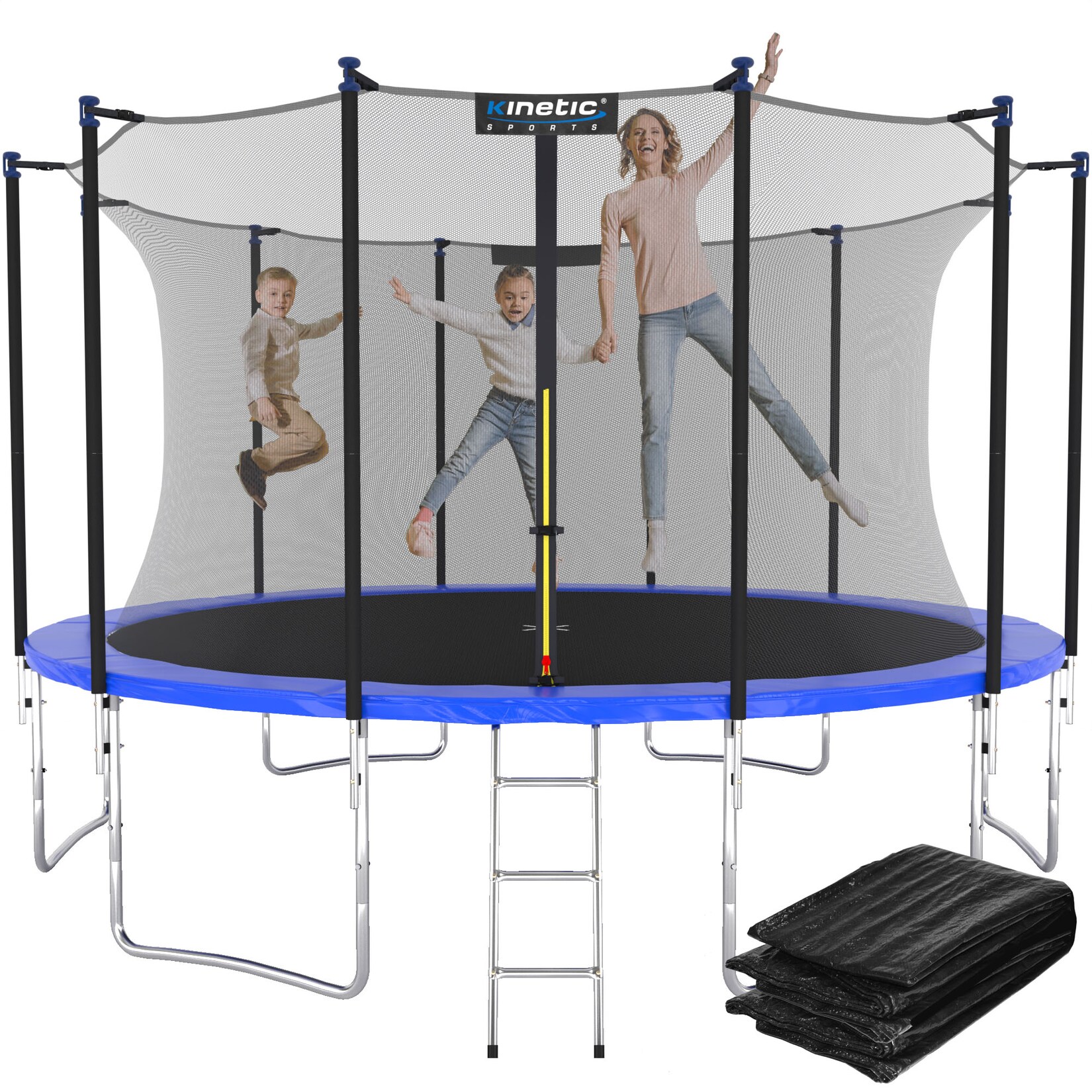 KINETIC SPORTS Trampolin Outdoor 'Salto Plus' Ø 183/244/305/366/400/430/490 cm - Komplett-Set für Kinder, USA Sprungtuch, Netz, Randpolster, Leiter - bis zu    Blau-2 Ø 400 cm Ø 400 cm, Blau-2