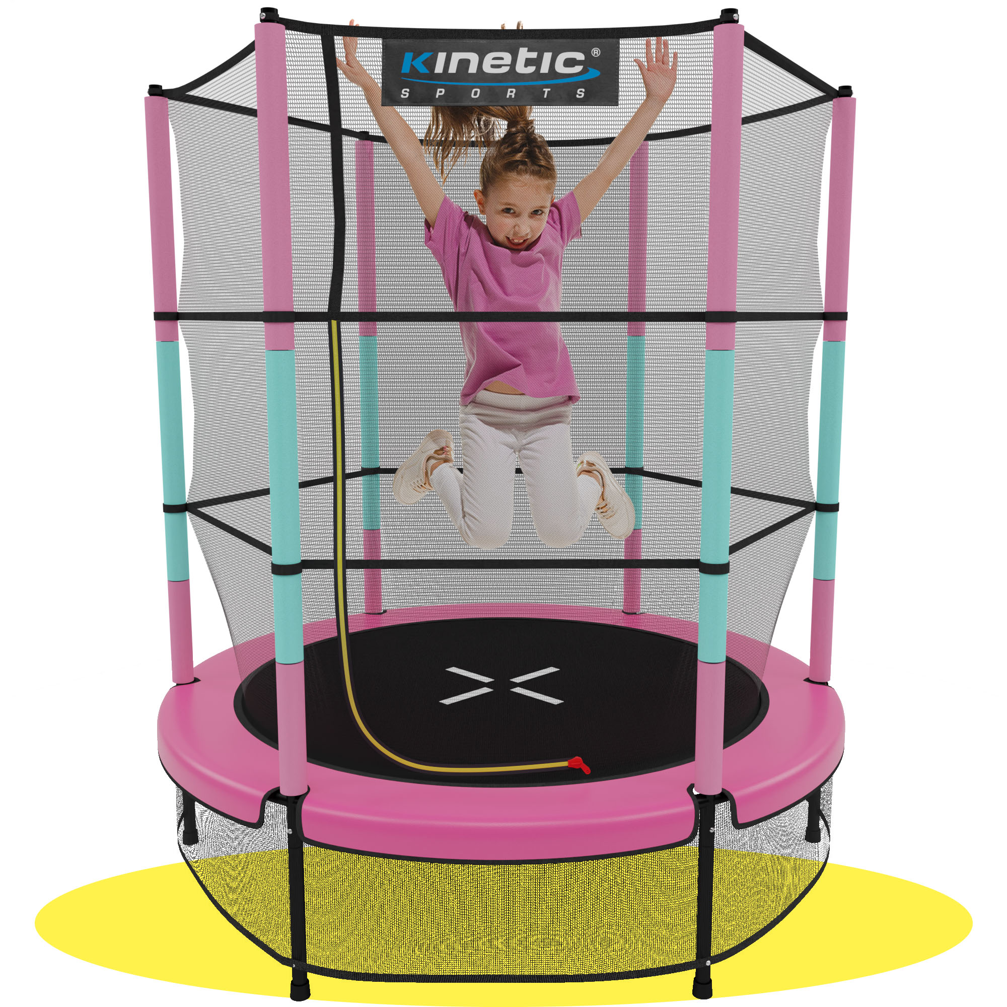 KINETIC SPORTS Kinder Trampolin JUMPER 140 cm - Inklusive Gummiseil Federung, Sicherheitsnetz mit Rei&szlig;verschluss, Rahmenpolster, Schutz Bodennetz - Indoor Kindertrampolin Spielzeug | Pink-T&uuml;rkis 