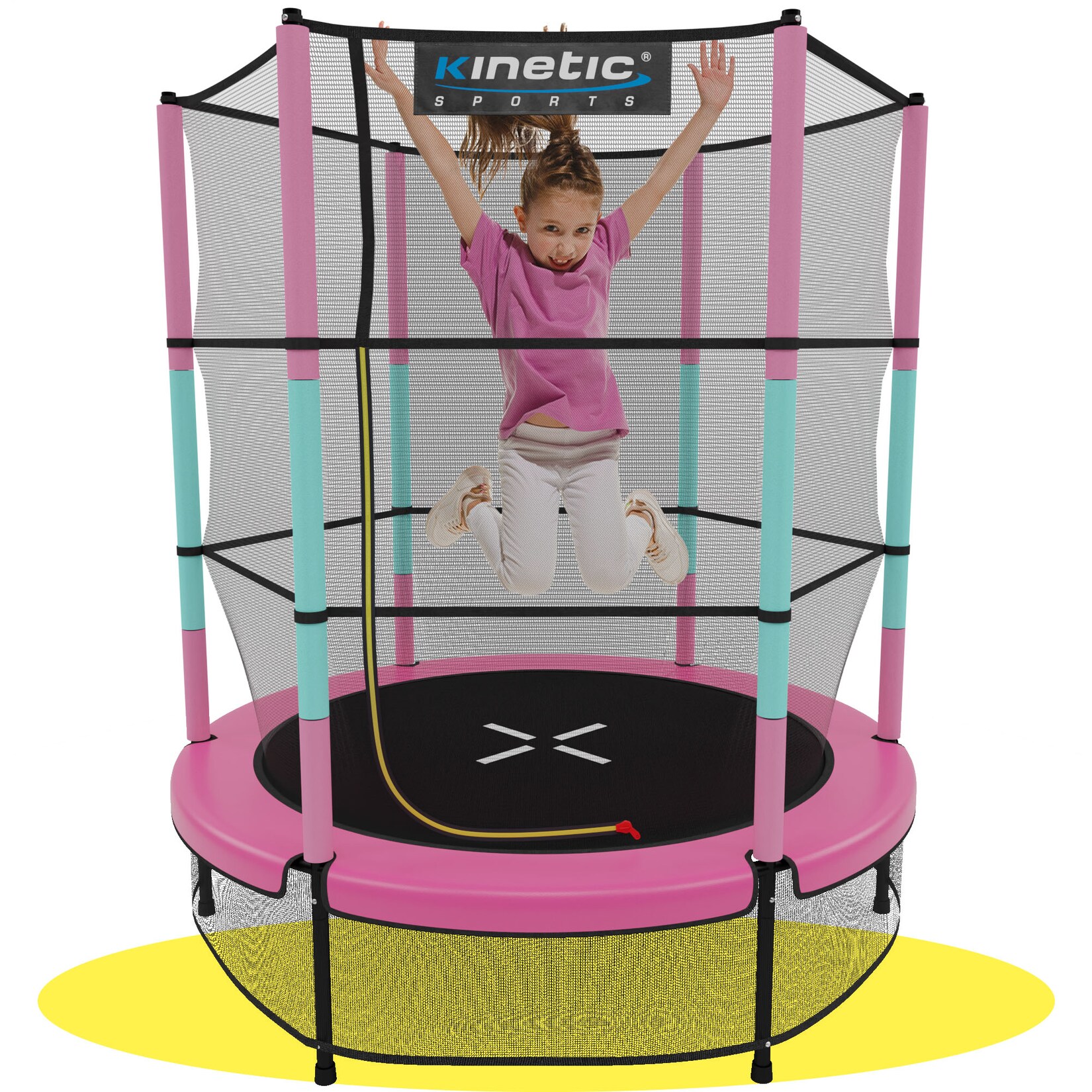 KINETIC SPORTS Kinder Trampolin JUMPER 140 cm - Inklusive Gummiseil Federung, Sicherheitsnetz mit Reißverschluss, Rahmenpolster, Schutz Bodennetz - Indoor Kindertrampolin Spielzeug   Pink-Türkis