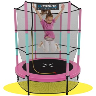 KINETIC SPORTS Kinder Trampolin JUMPER 140 cm - Inklusive Gummiseil Federung, Sicherheitsnetz mit Reißverschluss, Rahmenpolster, Schutz Bodennetz - Indoor Kindertrampolin Spielzeug | Pink-Türkis 