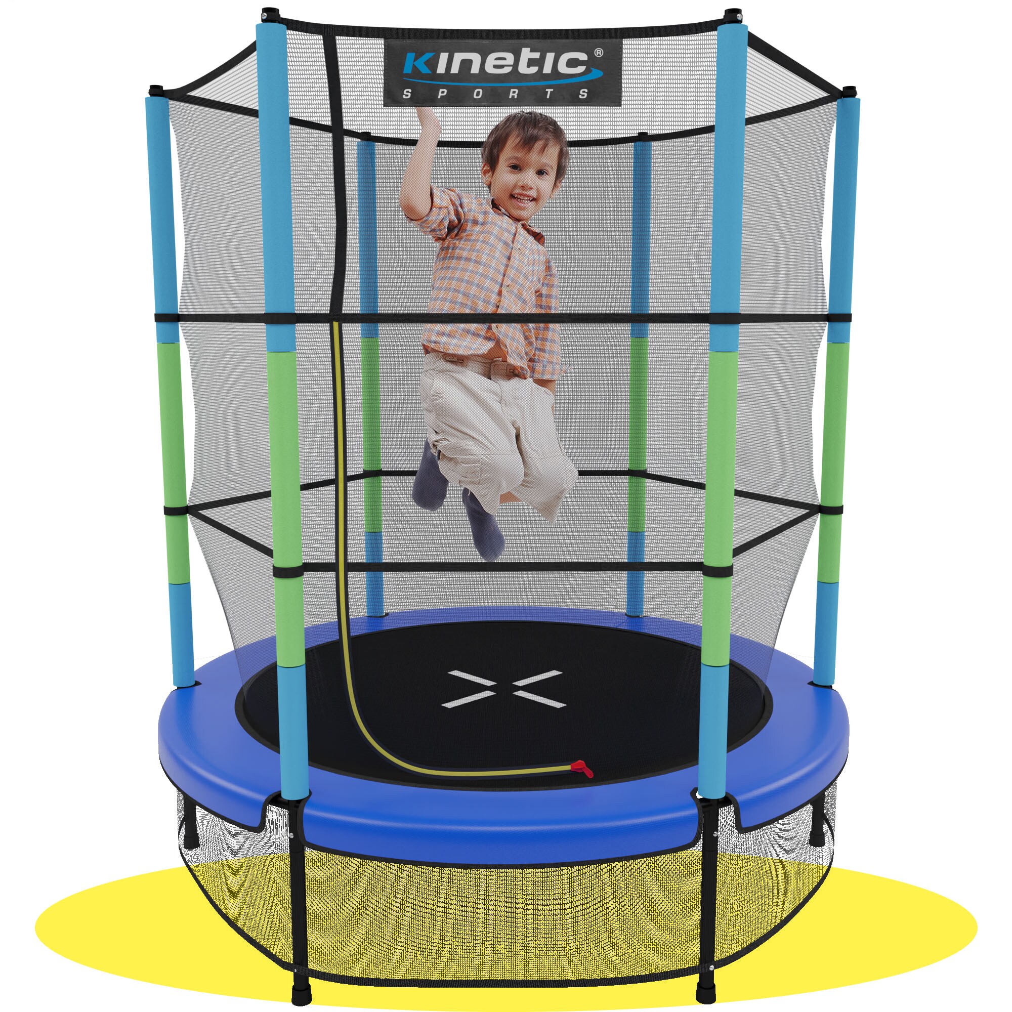 KINETIC SPORTS Kinder Trampolin JUMPER 140 cm - Inklusive Gummiseil Federung, Sicherheitsnetz mit Rei&szlig;verschluss, Rahmenpolster, Schutz Bodennetz - Indoor Kindertrampolin Spielzeug | Blau 