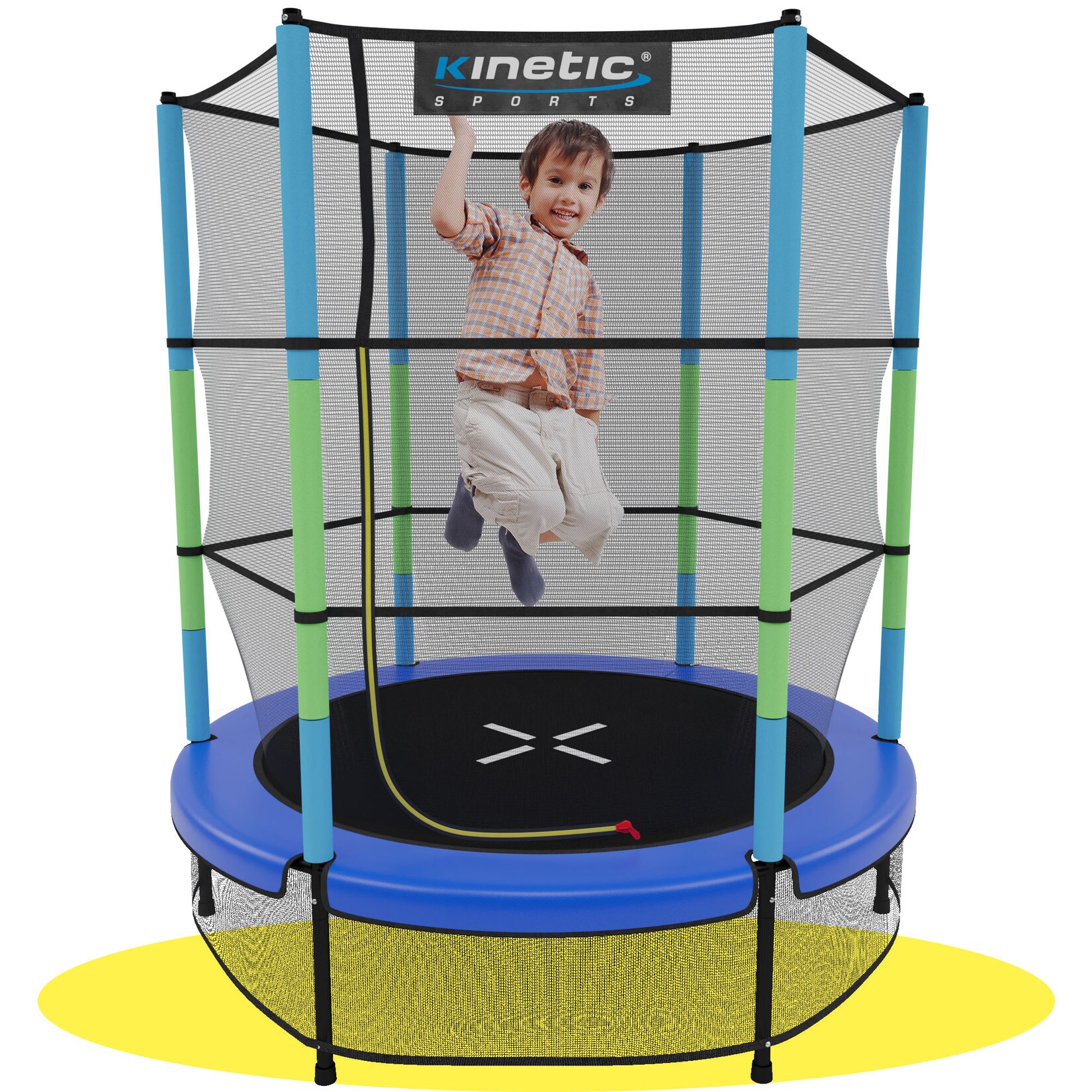 KINETIC SPORTS Kinder Trampolin JUMPER 140 cm - Inklusive Gummiseil Federung, Sicherheitsnetz mit Reißverschluss, Rahmenpolster, Schutz Bodennetz - Indoor Kindertrampolin Spielzeug   Blau