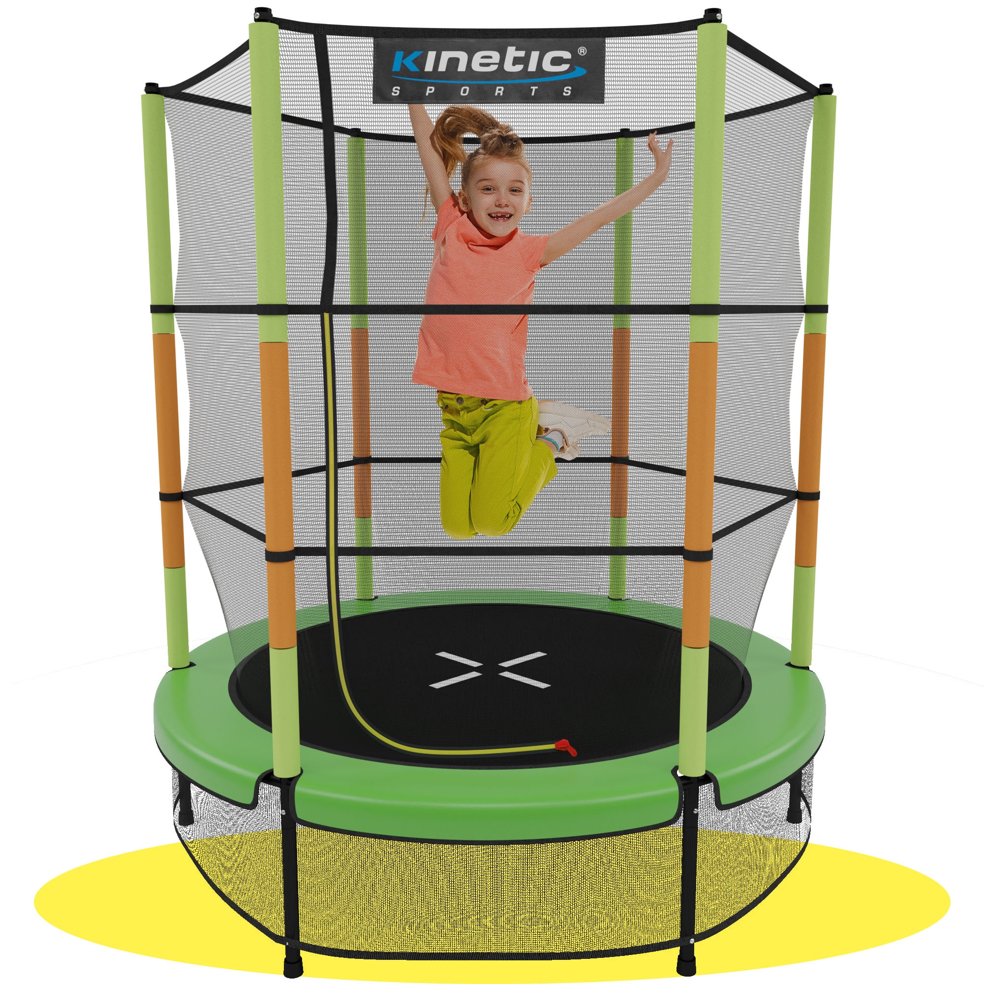 KINETIC SPORTS Kinder Trampolin JUMPER 140 cm - Inklusive Gummiseil Federung, Sicherheitsnetz mit Rei&szlig;verschluss, Rahmenpolster, Schutz Bodennetz - Indoor Kindertrampolin Spielzeug | Gr&uuml;n-Orange 