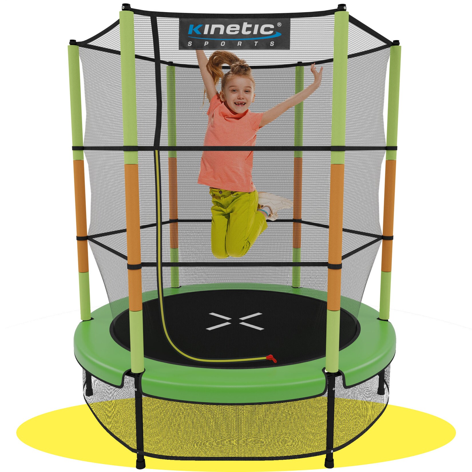 KINETIC SPORTS Kinder Trampolin JUMPER 140 cm - Inklusive Gummiseil Federung, Sicherheitsnetz mit Reißverschluss, Rahmenpolster, Schutz Bodennetz - Indoor Kindertrampolin Spielzeug   Grün-Orange