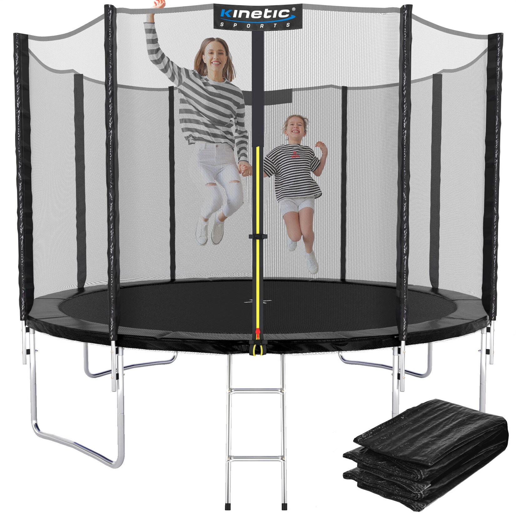 KINETIC SPORTS Trampolin Outdoor 'Salto Plus' Ø 183/244/305/366/400/430/490 cm - Komplett-Set für Kinder, USA Sprungtuch, Netz, Randpolster, Leiter - bis zu    Schwarz-2 Ø 305 cm Ø 305 cm, Schwarz-2