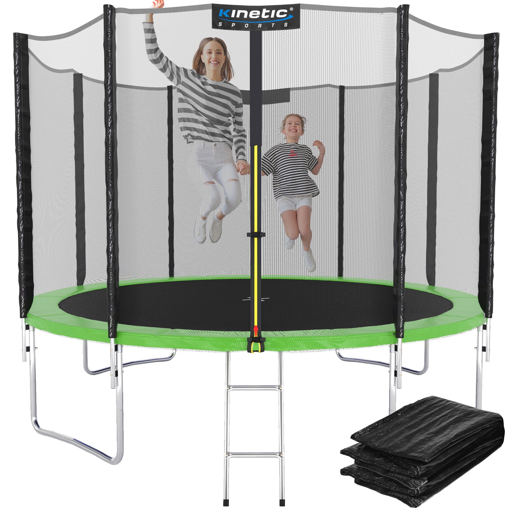 KINETIC SPORTS Trampolin Outdoor 'Salto Plus' Ø 183/244/305/366/400/430/490 cm - Komplett-Set für Kinder, USA Sprungtuch, Netz, Randpolster, Leiter - bis zu    Grün-2 Ø 305 cm Ø 305 cm, Grün-2
