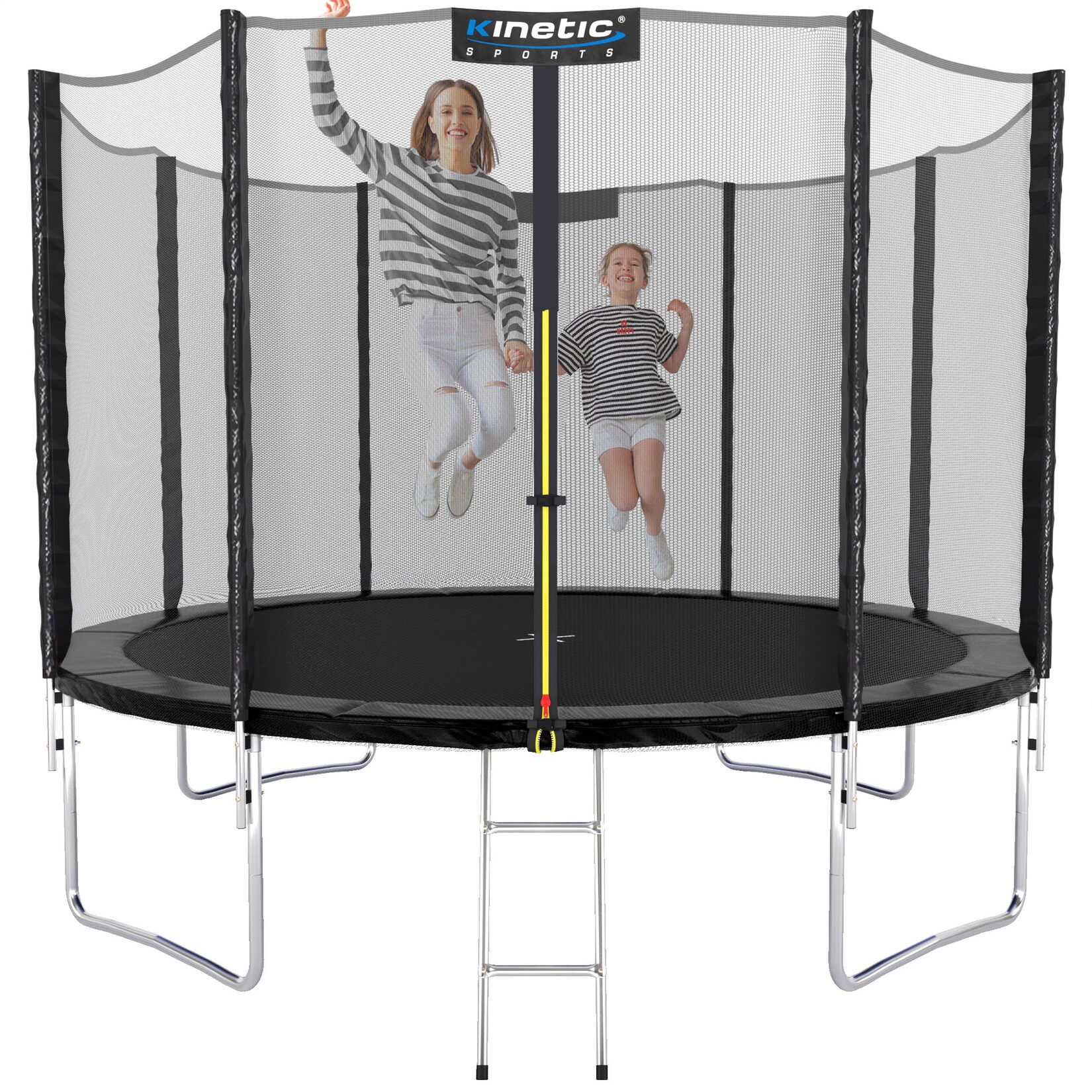 KINETIC SPORTS Trampolin Outdoor SALTO Ø 183/244/305/366/400/430/490 cm - Kindertrampolin Set mit Leiter, Netz, Randpolster, USA Sprungtuch - Gartentrampolin, bis zu    Schwarz Ø 310 cm Ø 310 cm, Schwarz