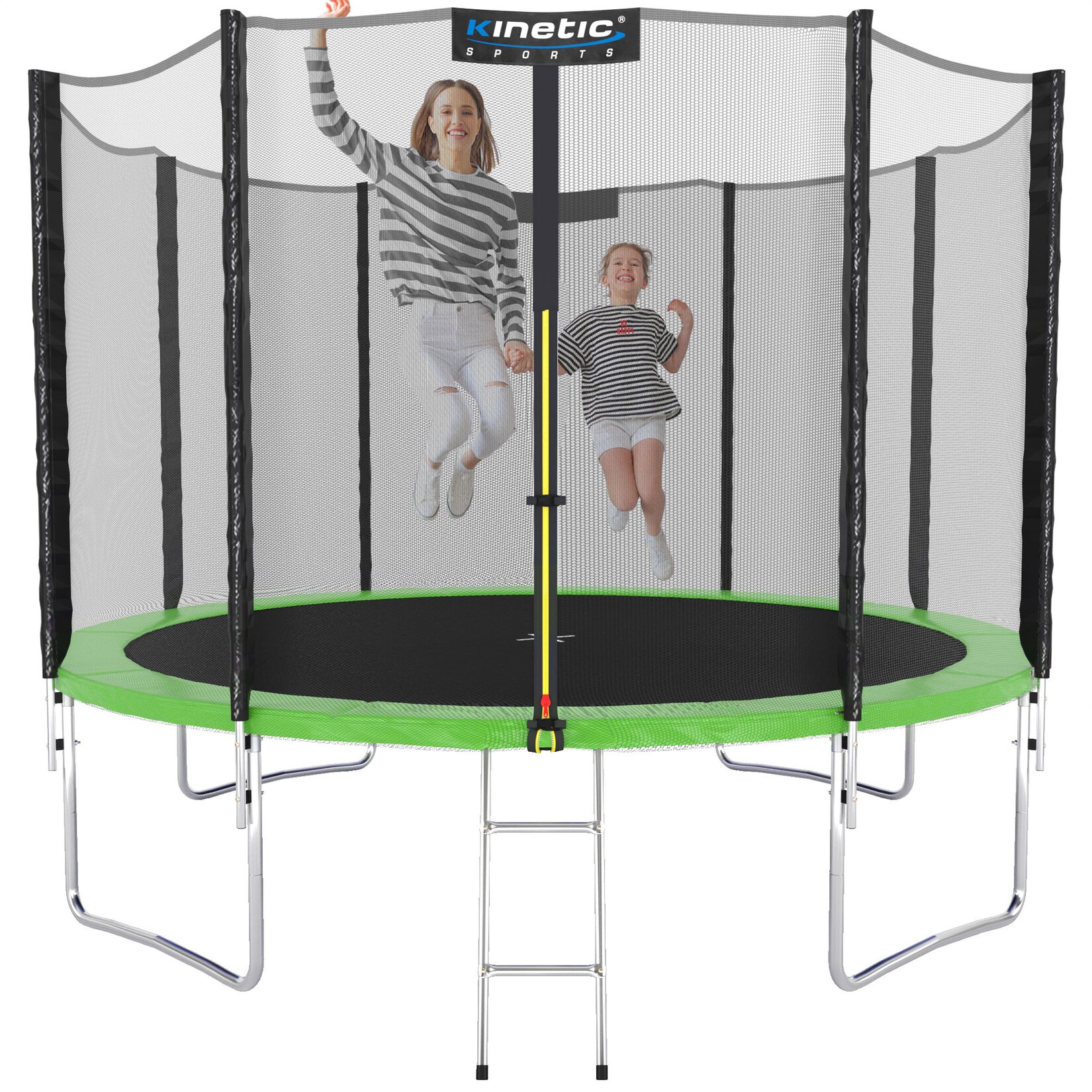 KINETIC SPORTS Trampolin Outdoor SALTO Ø 183/244/305/366/400/430/490 cm - Kindertrampolin Set mit Leiter, Netz, Randpolster, USA Sprungtuch - Gartentrampolin, bis zu    Grün Ø 250 cm Ø 250 cm, Grün