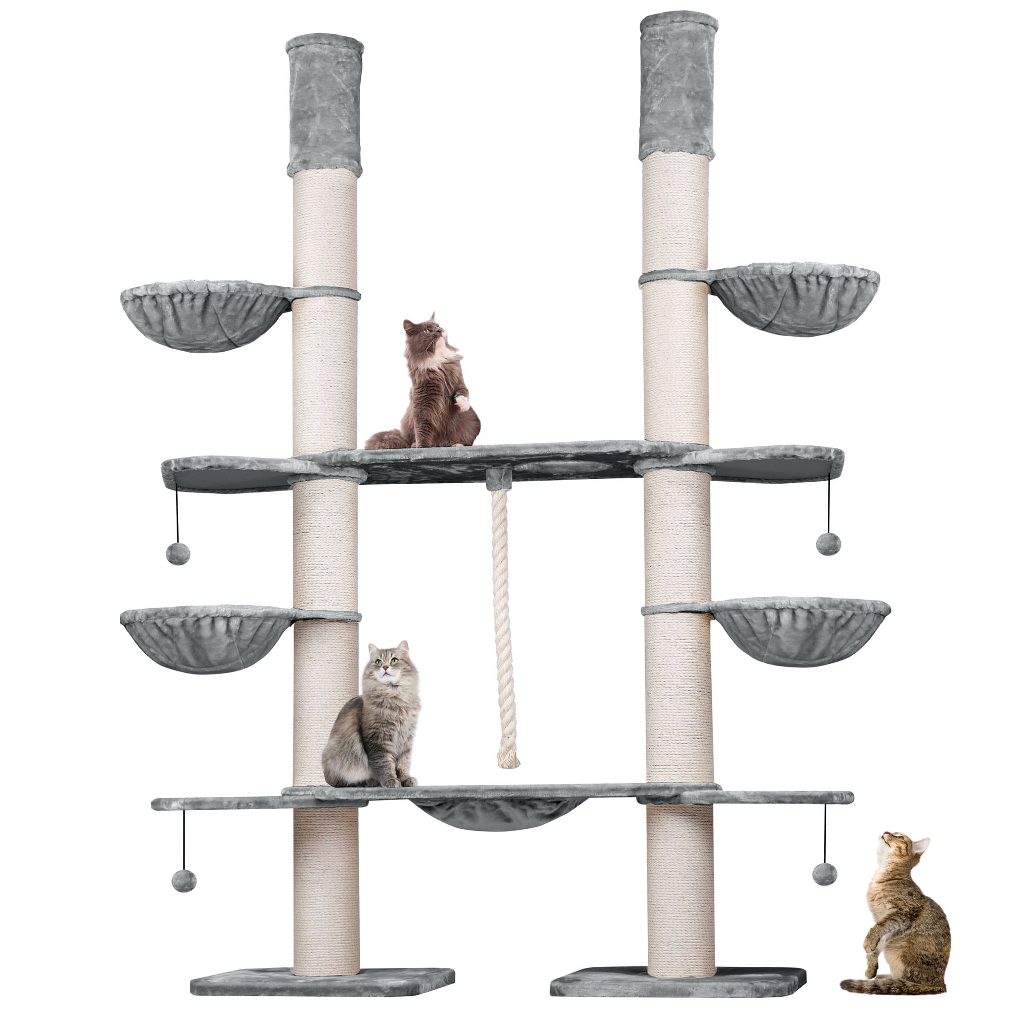 HAPPYPET XXL Kratzbaum-Landschaft f&uuml;r gro&szlig;e Katzen - 2-in-1 Aktivit&auml;ts- und Sisal-Paradies mit Deckenspanner 280cm hoch | Premium Pl&uuml;sch | Grau 