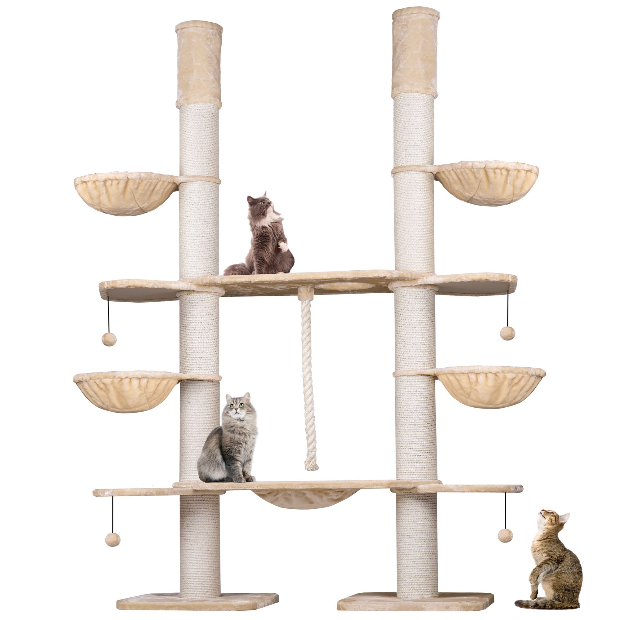 HAPPYPET XXL Kratzbaum-Landschaft f&uuml;r gro&szlig;e Katzen - 2-in-1 Aktivit&auml;ts- und Sisal-Paradies mit Deckenspanner 280cm hoch | Premium Pl&uuml;sch | Creme-Beige 