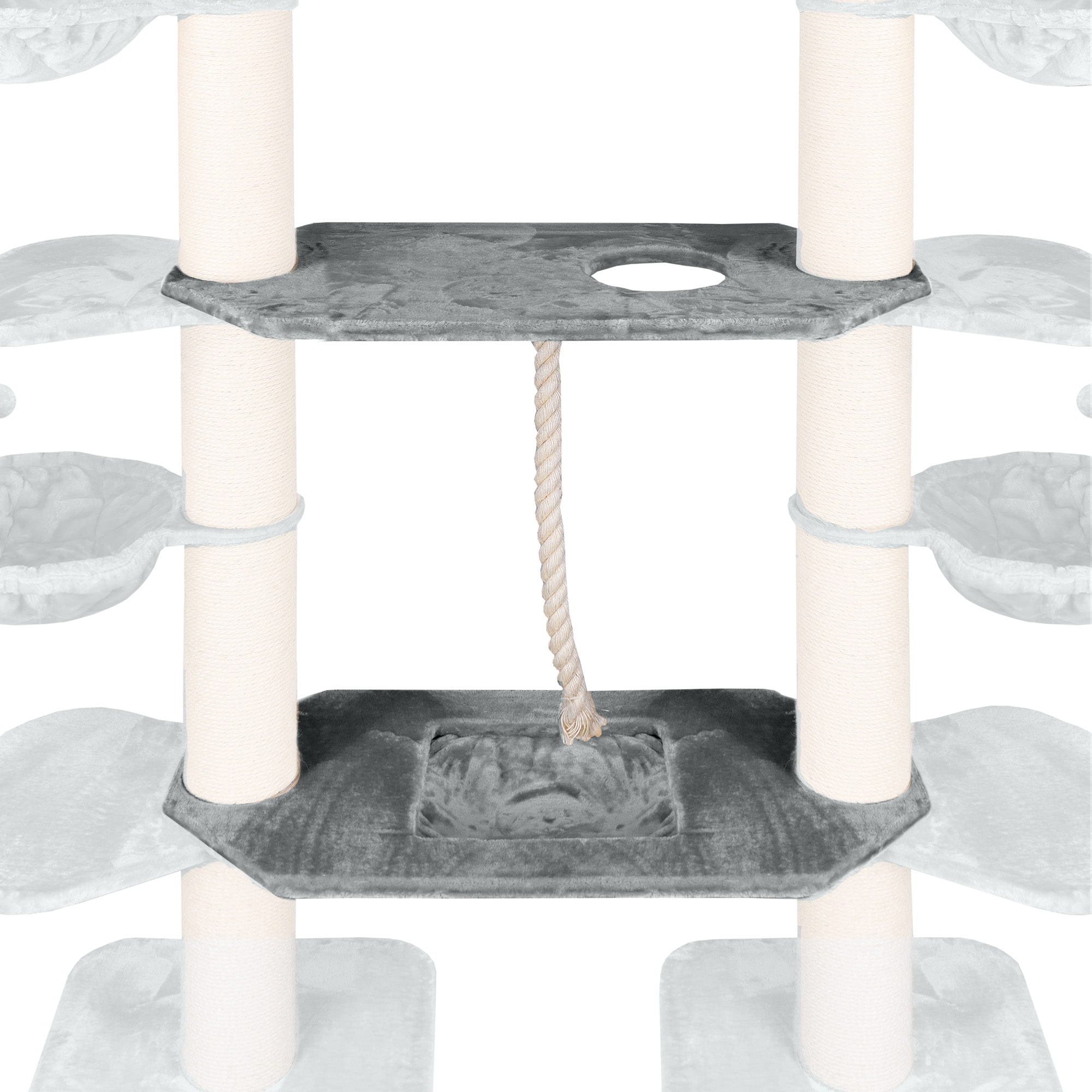 HAPPYPET Kratzbaum Verbindungs-Set mit Spielseil & Liegemulde &ndash; Ersatzteil aus Multiplex-Holz, inkl. Pl&uuml;schbezug & Abstandshalter &ndash; Ideal zur Erweiterung von Katzenkratzb&auml;umen | Grau 