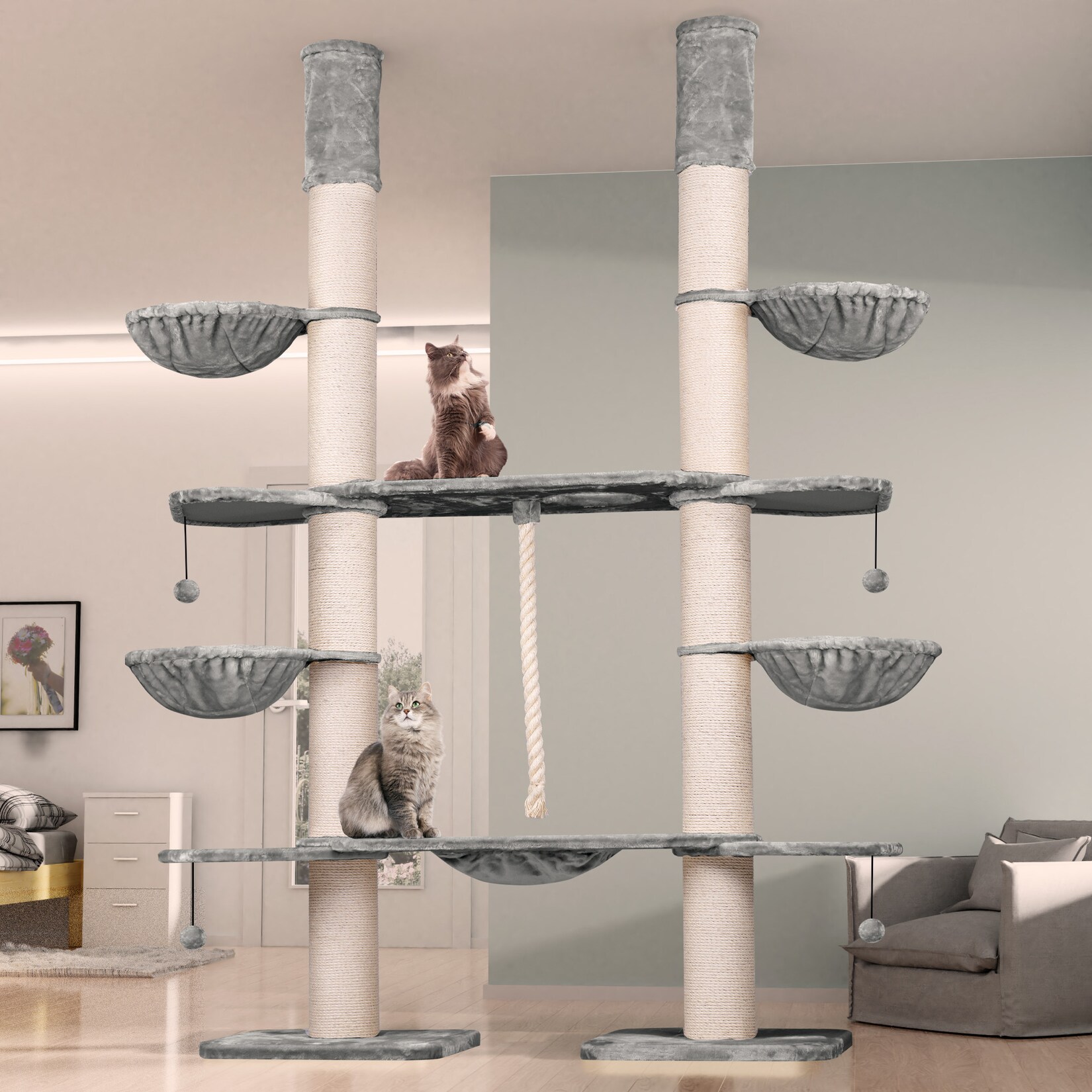 HAPPYPET Kratzbaum Verbindungs-Set mit Spielseil & Liegemulde – Ersatzteil aus Multiplex-Holz, inkl. Plüschbezug & Abstandshalter – Ideal zur Erweiterung von Katzenkratzbäumen   Grau