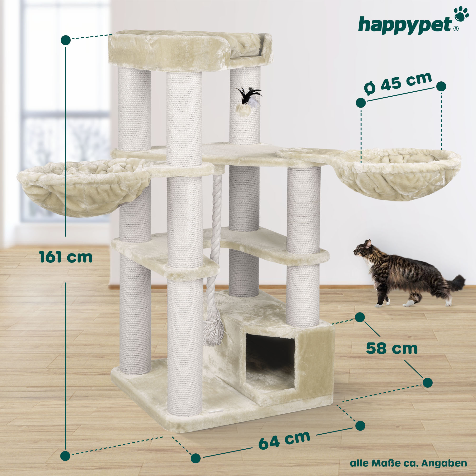 HAPPYPET Premium Kratzbaum 161 cm groe Katzen stabil Katzenbaum | Creme