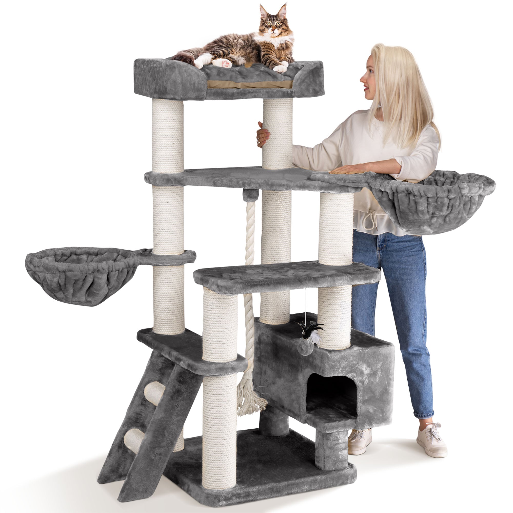 HAPPYPET Kratzbaum Stabil JACOB - 156 cm XXL, Katzenbaum f&uuml;r gro&szlig;e Katzen, 46 kg Schwerlast | Grau 