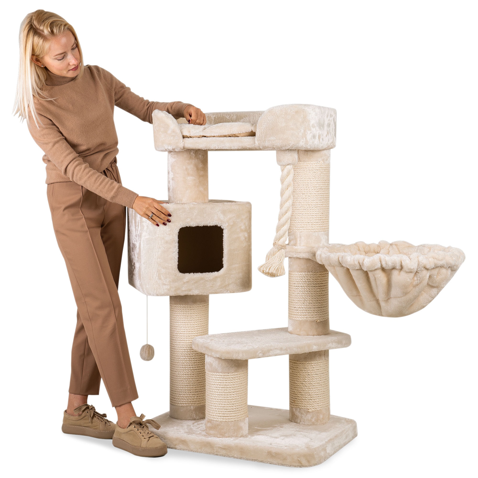 HAPPYPET Kratzbaum Stabil 118 cm Kletterbaum Katzenbaum Maine Coon | Creme 