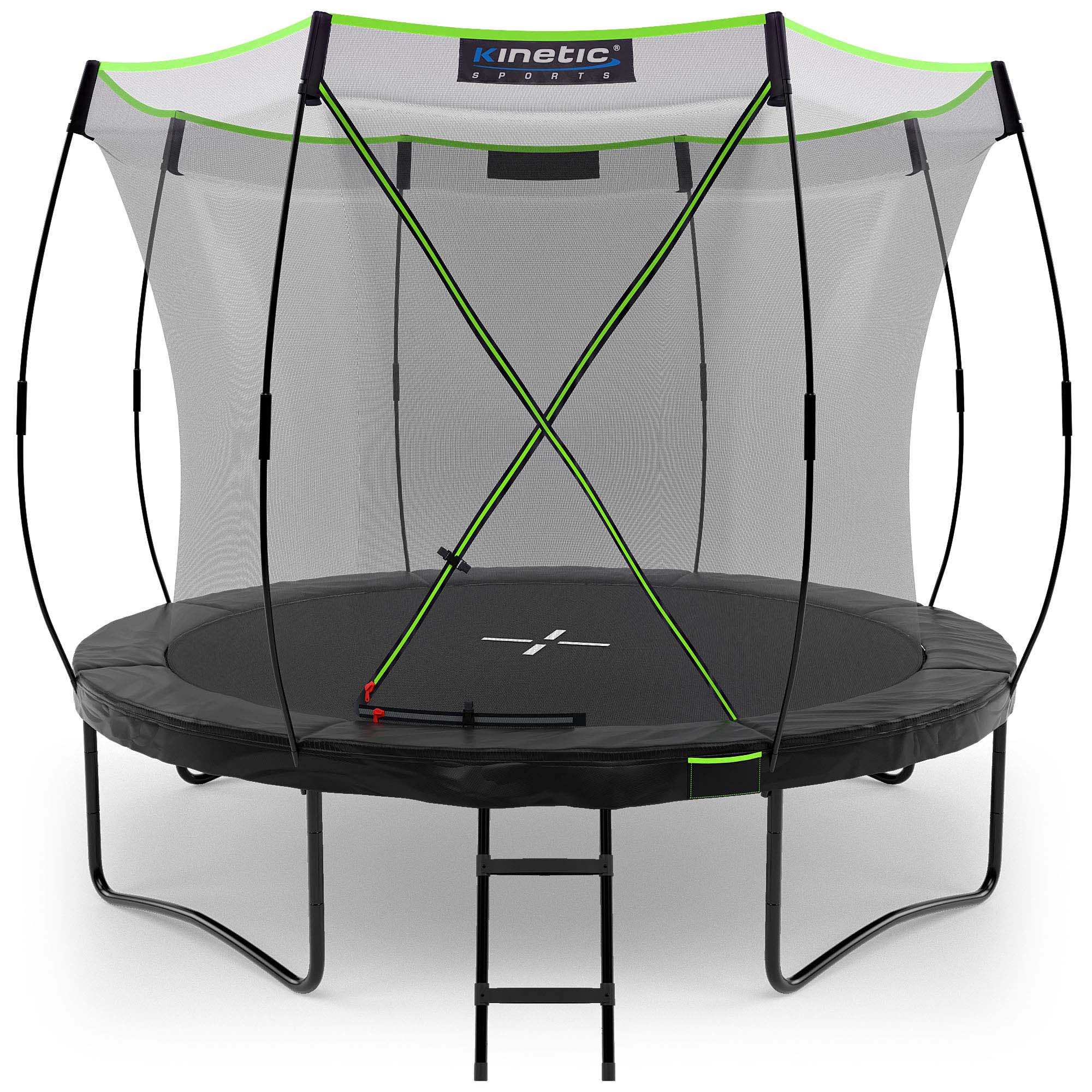 KINETIC SPORTS Trampolin Outdoor 'Ultimate Pro' &Oslash; 244/305/366/427 cm &ndash; Kindertrampolin mit Leiter, Gartentrampolin im K&uuml;rbis-Design, bis zu 160 kg | Schwarz-Neongr&uuml;n &Oslash; 305 cm 