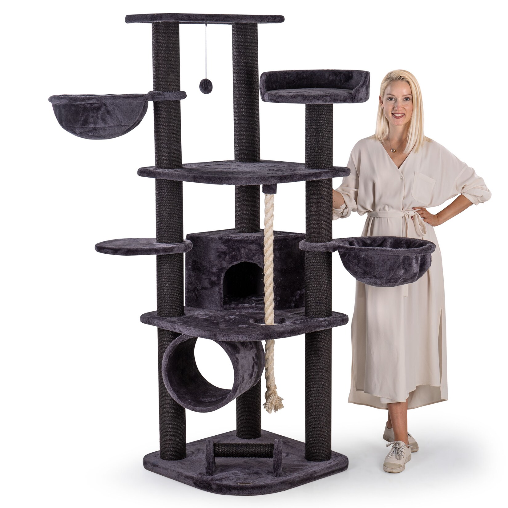HAPPYPET Kratzbaum für Katzen groß 181 cm hoch - Stabiler Kletterbaum Katzenbaum, dicke Stämme mit 11 cm, Haus & Spieltunnel, große Liegemulden, Spietau mit Kratzrolle   Anthrazit