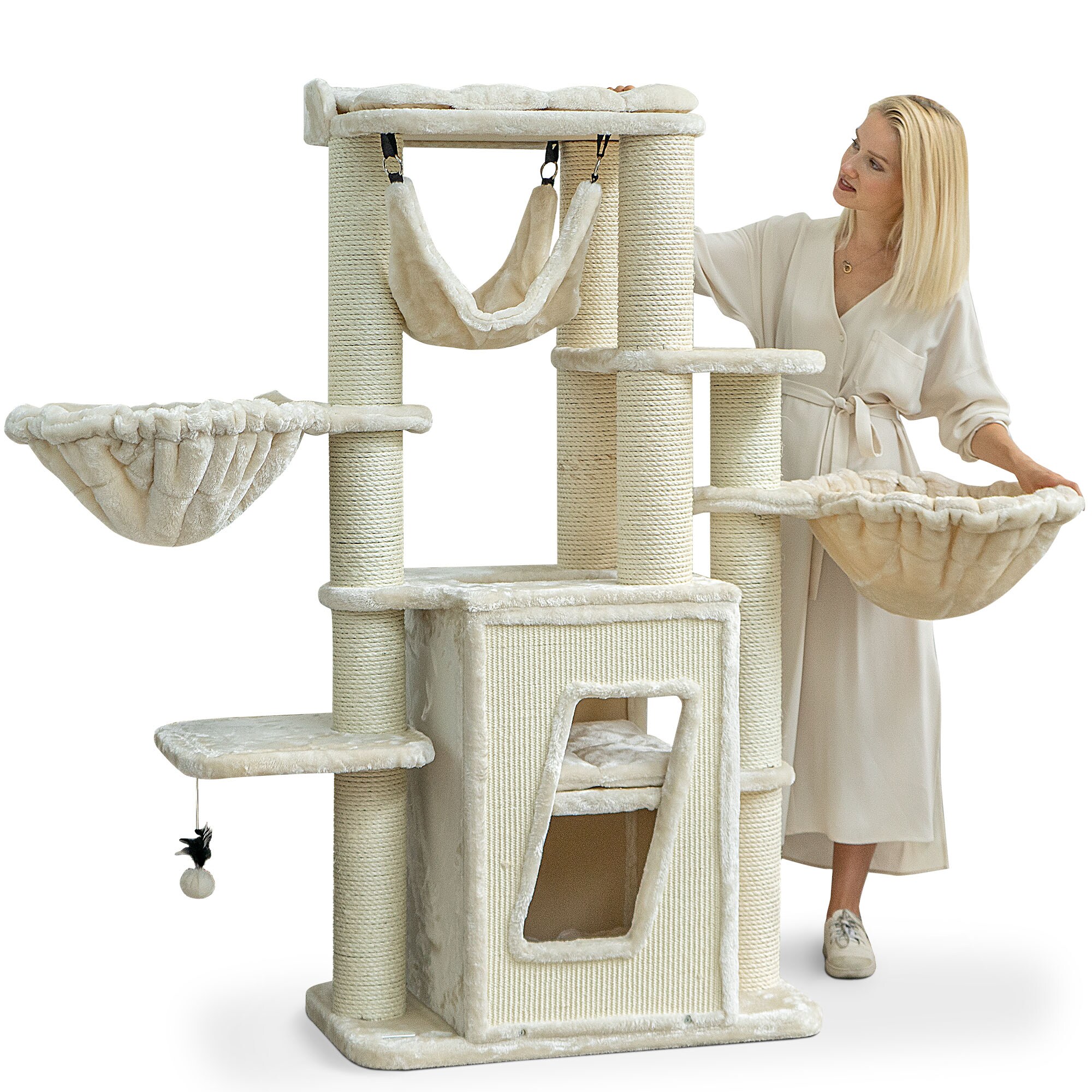 HAPPYPET Kratzbaum stabil 157 cm Katzenbaum Kletterbaum Sisal Massiv | Creme 