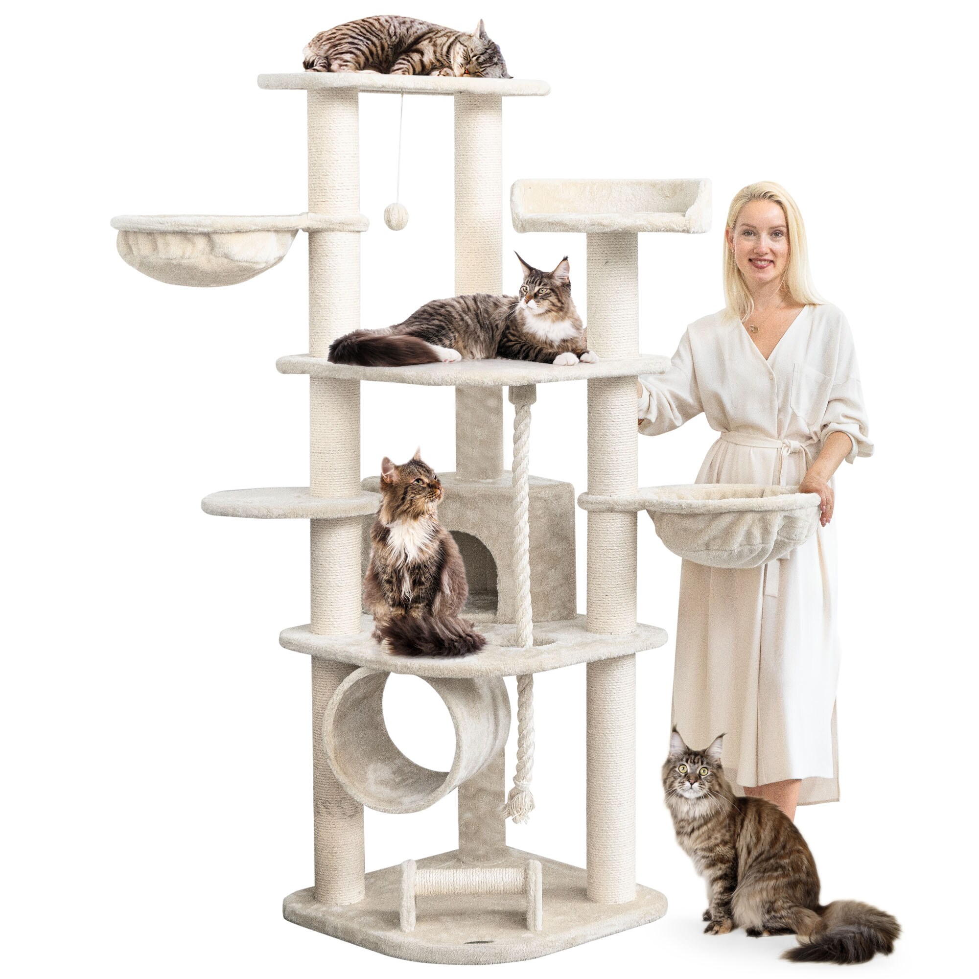 HAPPYPET Gro&szlig;er Kratzbaum Stabil 'Parker' 171 cm - XXL Katzenbaum | Creme 