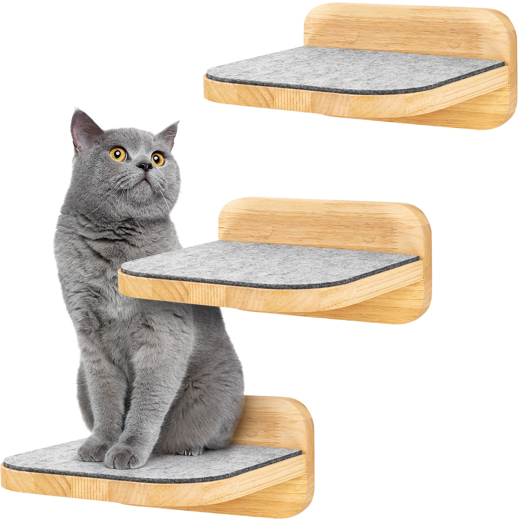 HAPPYPET Katzentreppen 3er-Set für Wandmontage - Nachhaltiges Hartholz, Designer Kletterwand Katzen, Katzentreppe mit Filzbezug, Katzenleiter, Katzenwand zum Klettern, Catwalk Natur 3x Stufen L