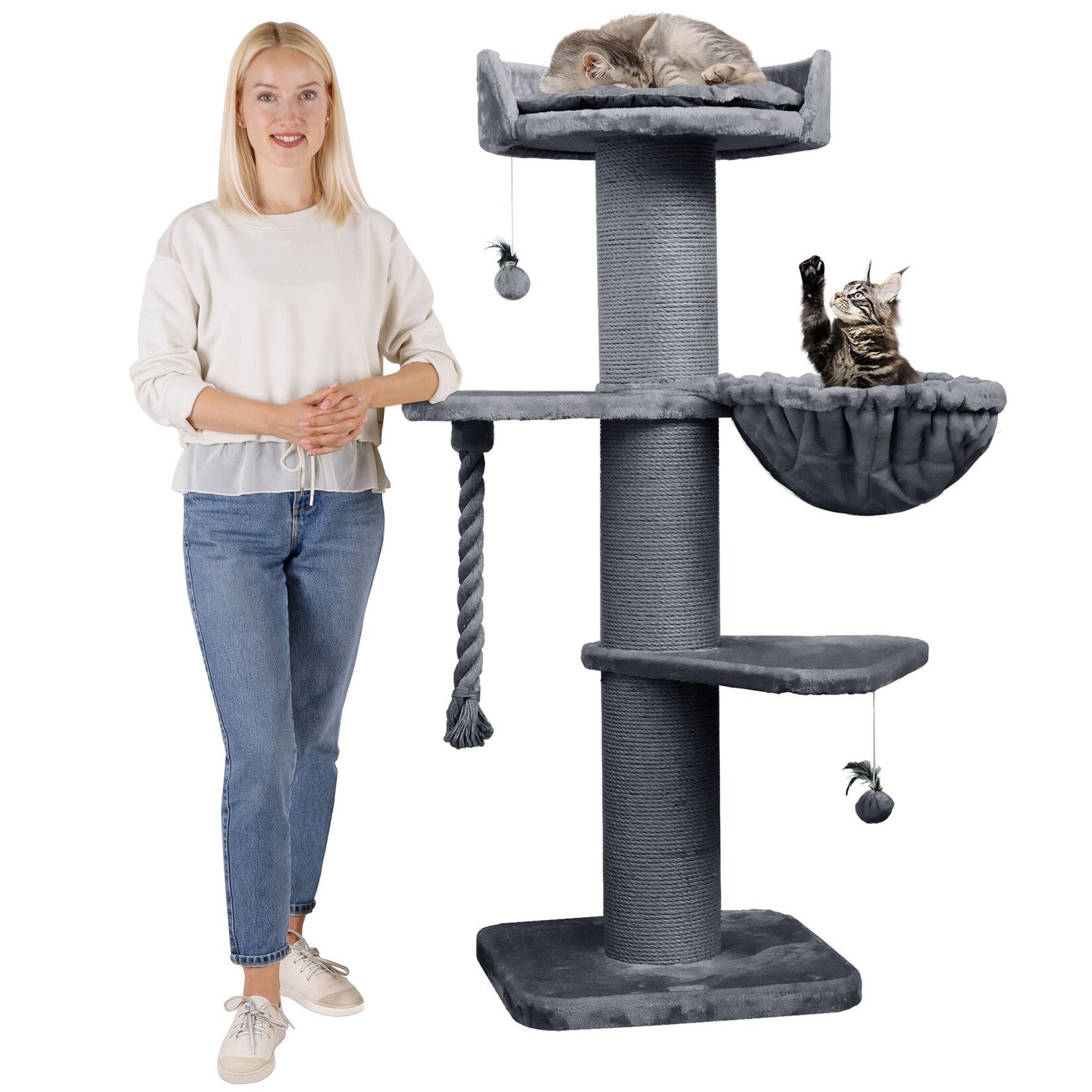 HAPPYPET Premium Kratzbaum Grosse Katzen Stabil 'Cooper' - 150 cm Großer Katzenbaum Grau