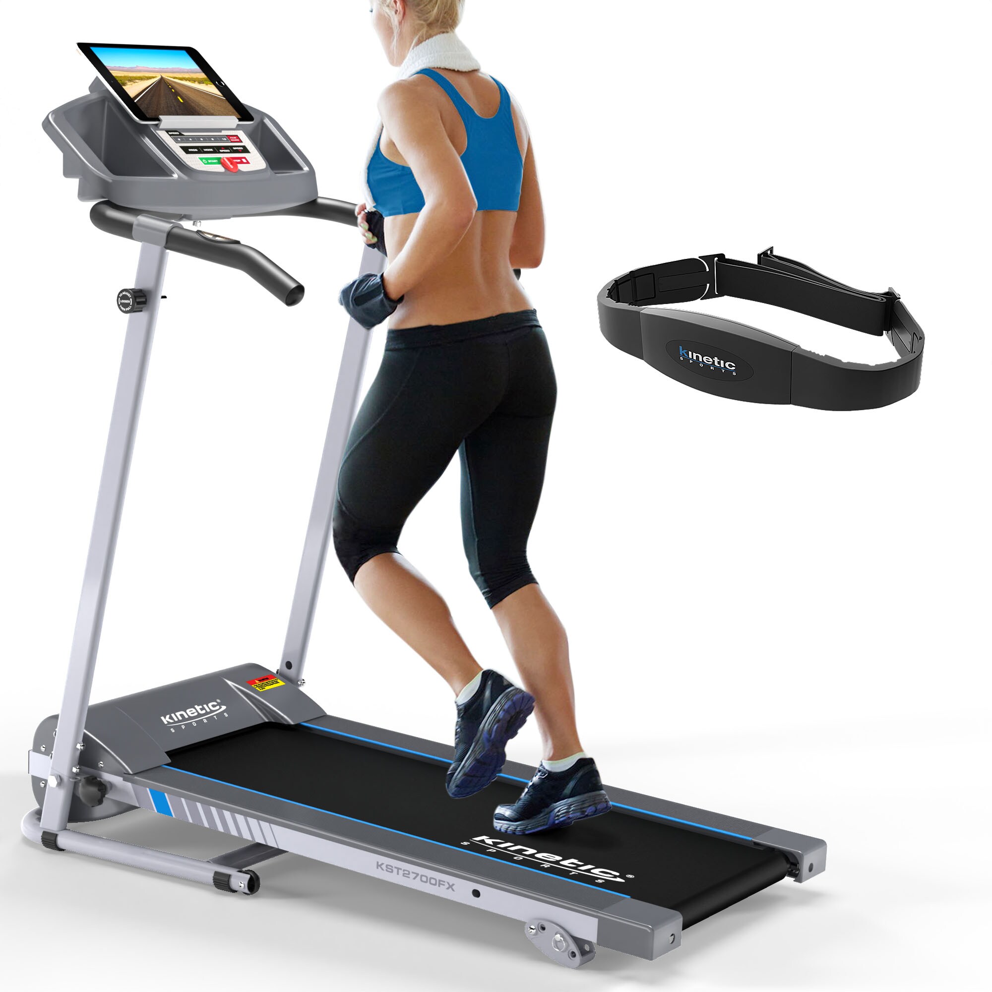 KINETIC SPORTS Laufband f&uuml;r zuhause KST2700FX klappbar - mit Pulsgurt, leiser 750 Watt Elektromotor, 12+1 Programme, LCD Display, Geh- und Lauftraining, stufenlos bis 10 km/h, bis 120kg |   inkl. Pulsgurt 