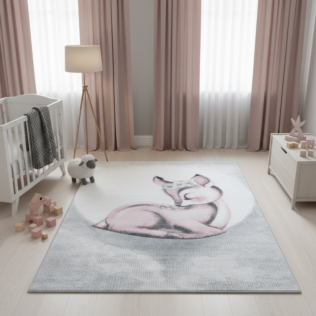 Spielteppich COGNE in Rosa, mit Reh-Motiv, 120 x 170 cm
