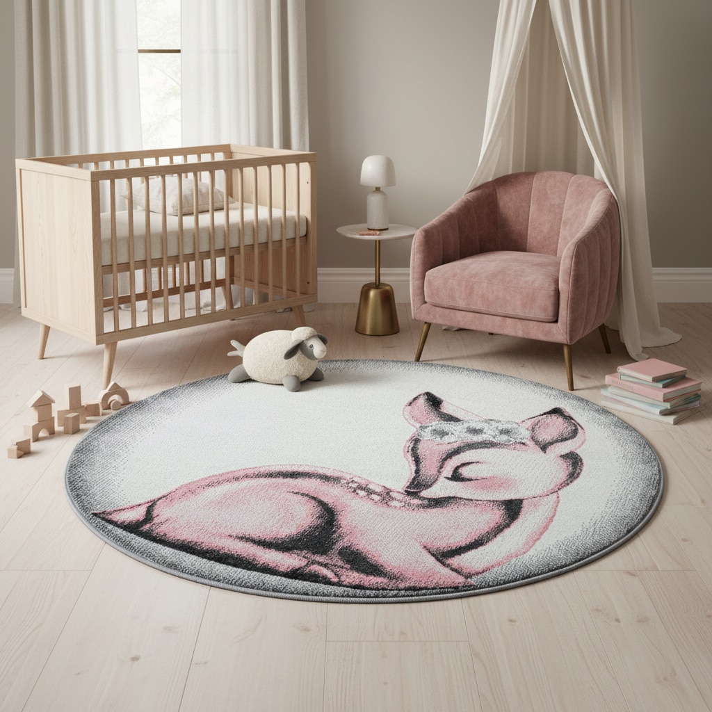 Spielteppich COGNE in Rosa, mit Reh-Motiv, &Oslash; 120 cm 