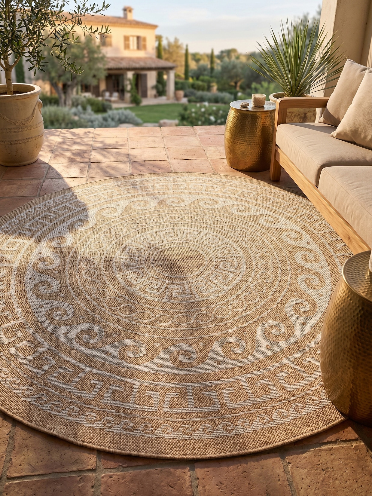 Teppich Outdoor KAUNS in Beige, im Vintage-Stil, aus Polypropylen, Ø 120 cm