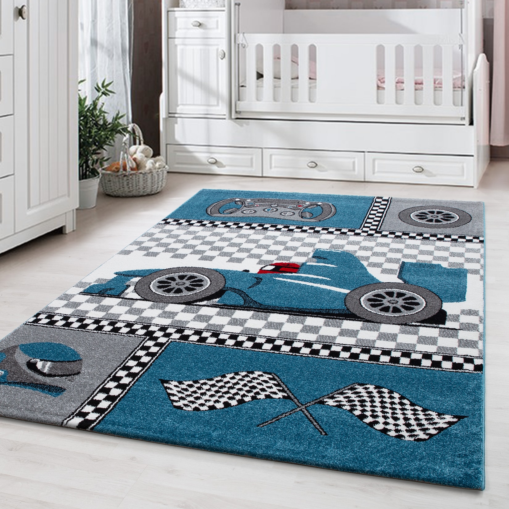 Spielteppich TASNA in Blau, mit Rennwagen-Motiv, 80 x 150 cm