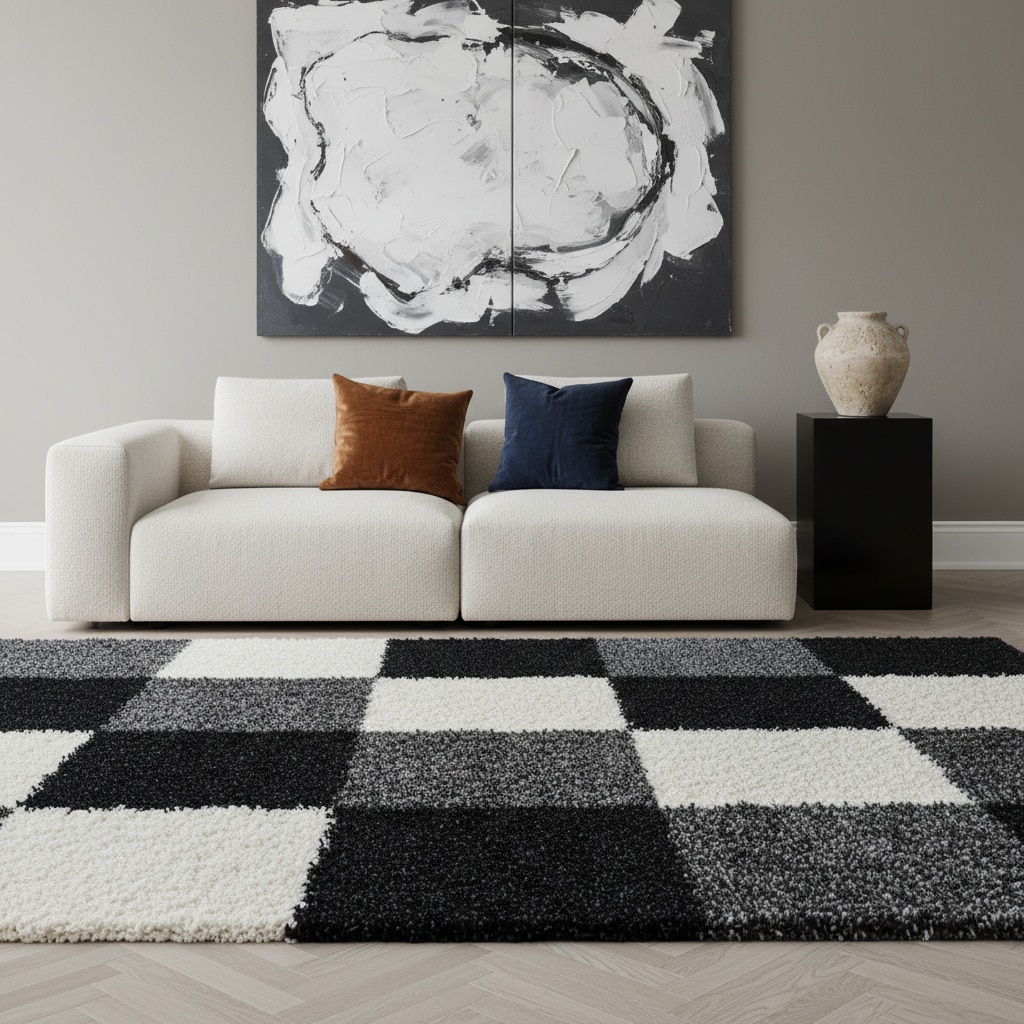 Teppich Hochflor RHEIN in Schwarz, kariert, 120 x 170 cm