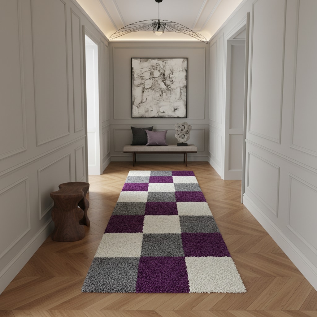 Teppich Hochflor RHEIN in Violett, kariert, 80 x 250 cm