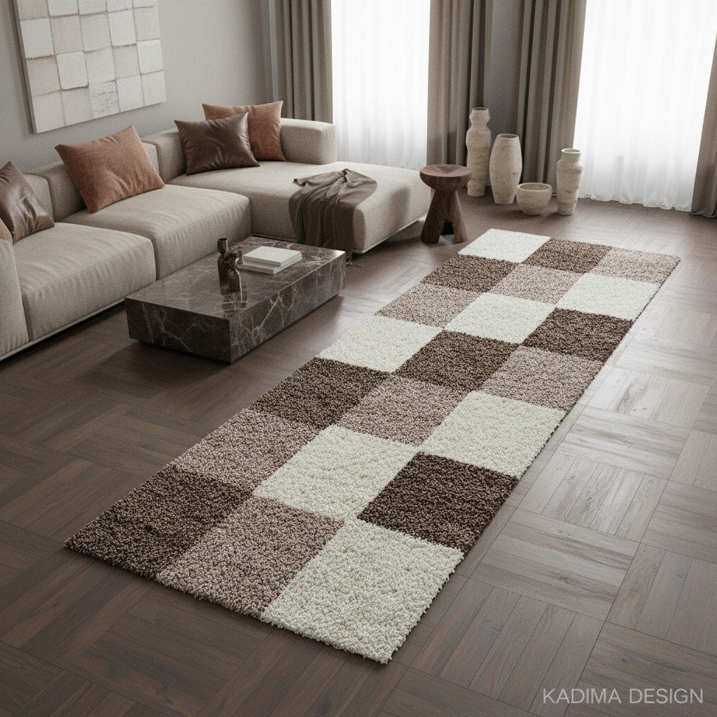 Teppich Hochflor RHEIN in Mokka, kariert, 80 x 250 cm