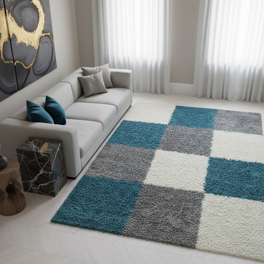 Teppich Hochflor RHEIN in Türkis, kariert, 120 x 170 cm