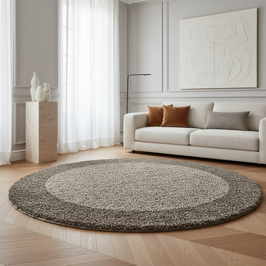 Teppich Hochflor RHEIN in Taupe, mit Bordüre, Ø 160 cm