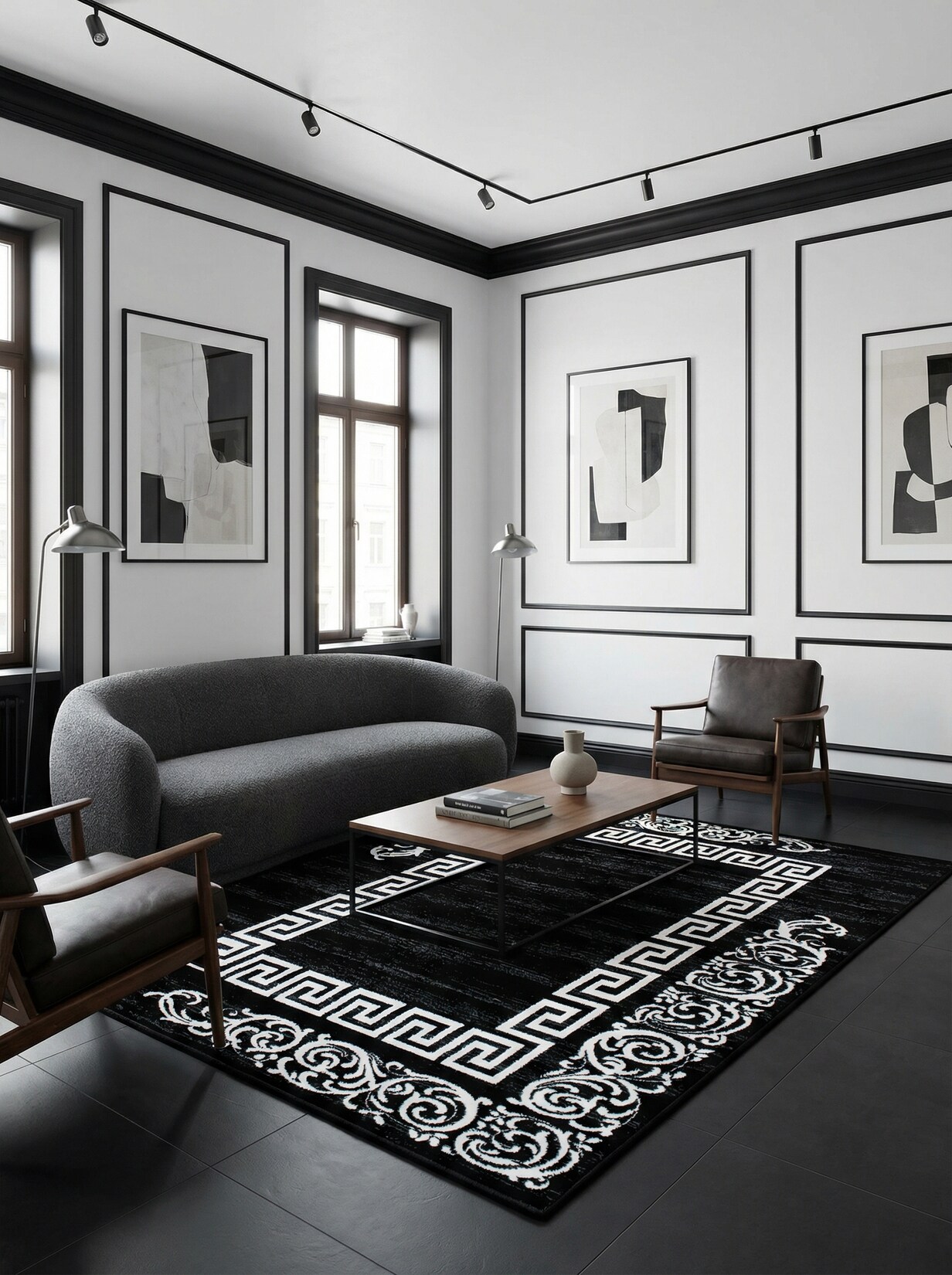 Teppich Kurzflor ASPEN in Schwarz, mit Mäander-Muster, 120 x 170 cm