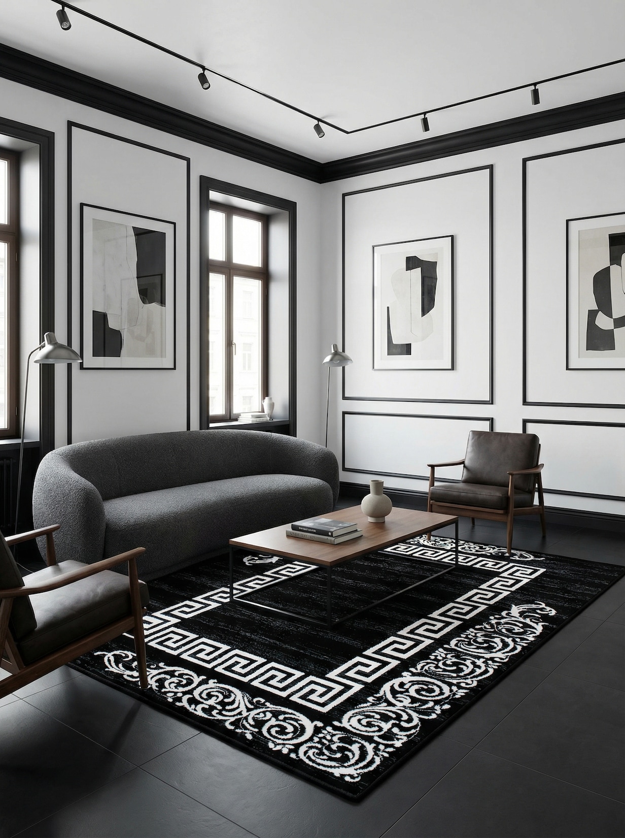 Teppich Kurzflor ASPEN in Schwarz, mit Mäander-Muster, 160 x 230 cm
