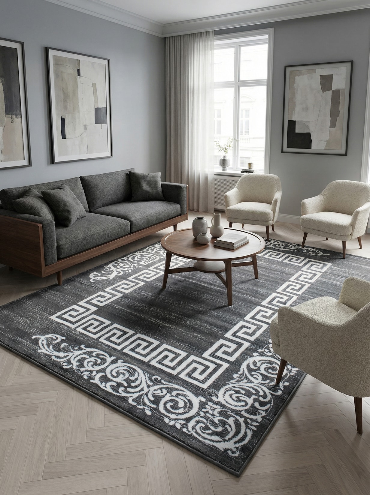 Teppich Kurzflor ASPEN in Grau, mit Mäander-Muster, 240 x 340 cm